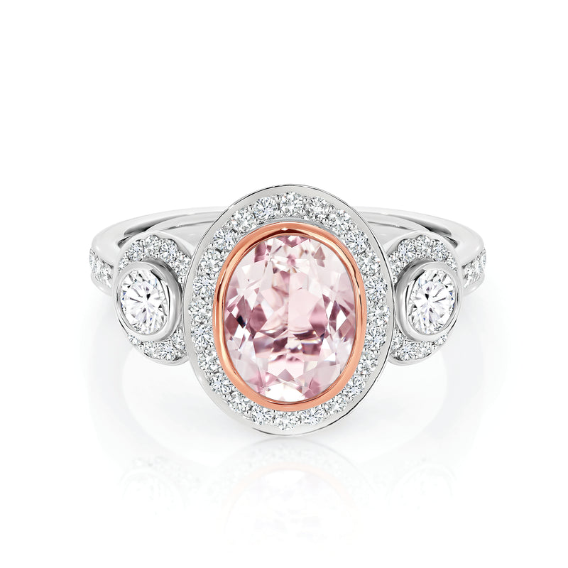 Morganite and Diamond Trilogy Cluster Ring in 18ct Rose & White Gold