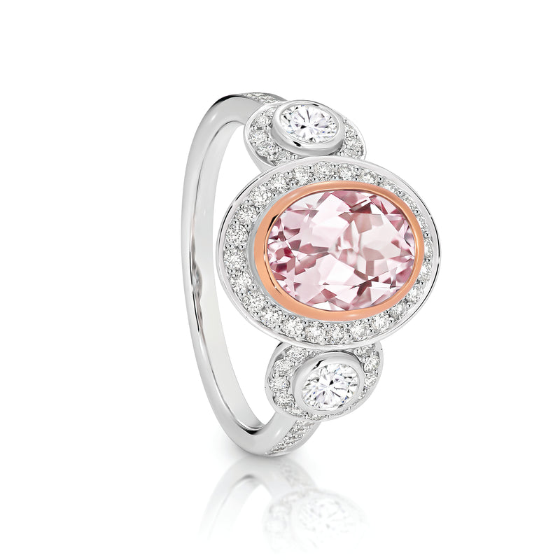 Morganite and Diamond Trilogy Cluster Ring in 18ct Rose & White Gold