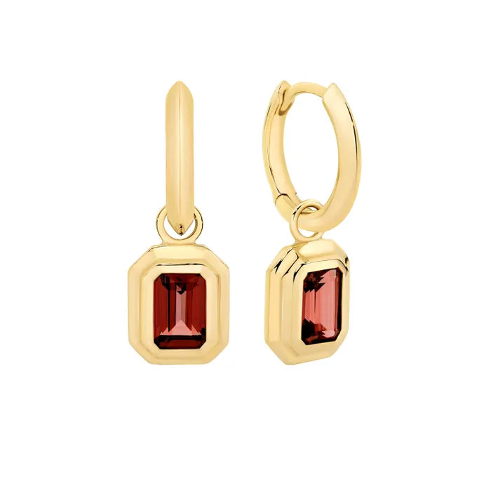 Garnet Dangling Hoop Earrings in 9K Yellow Gold