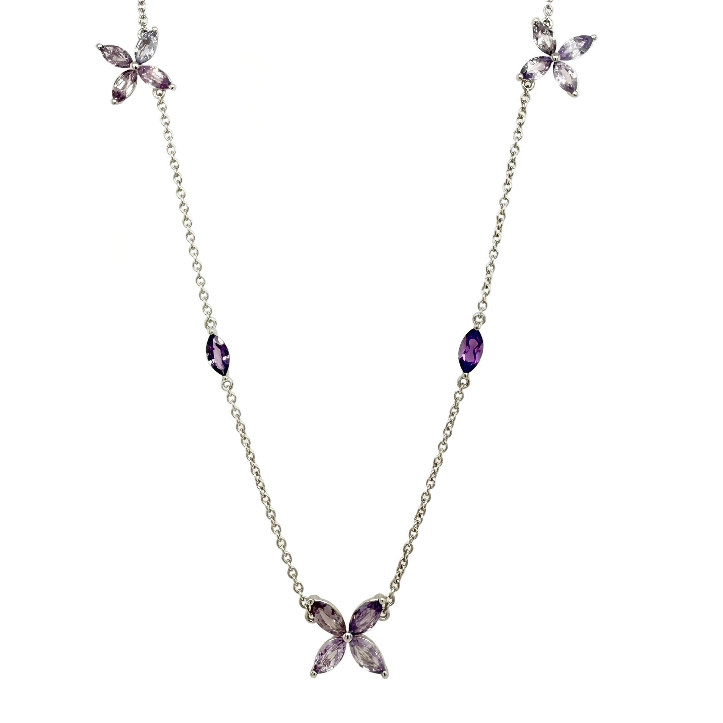 Pinkish Violet Sapphire Flower-Design Chain Necklace in 9K White Gold