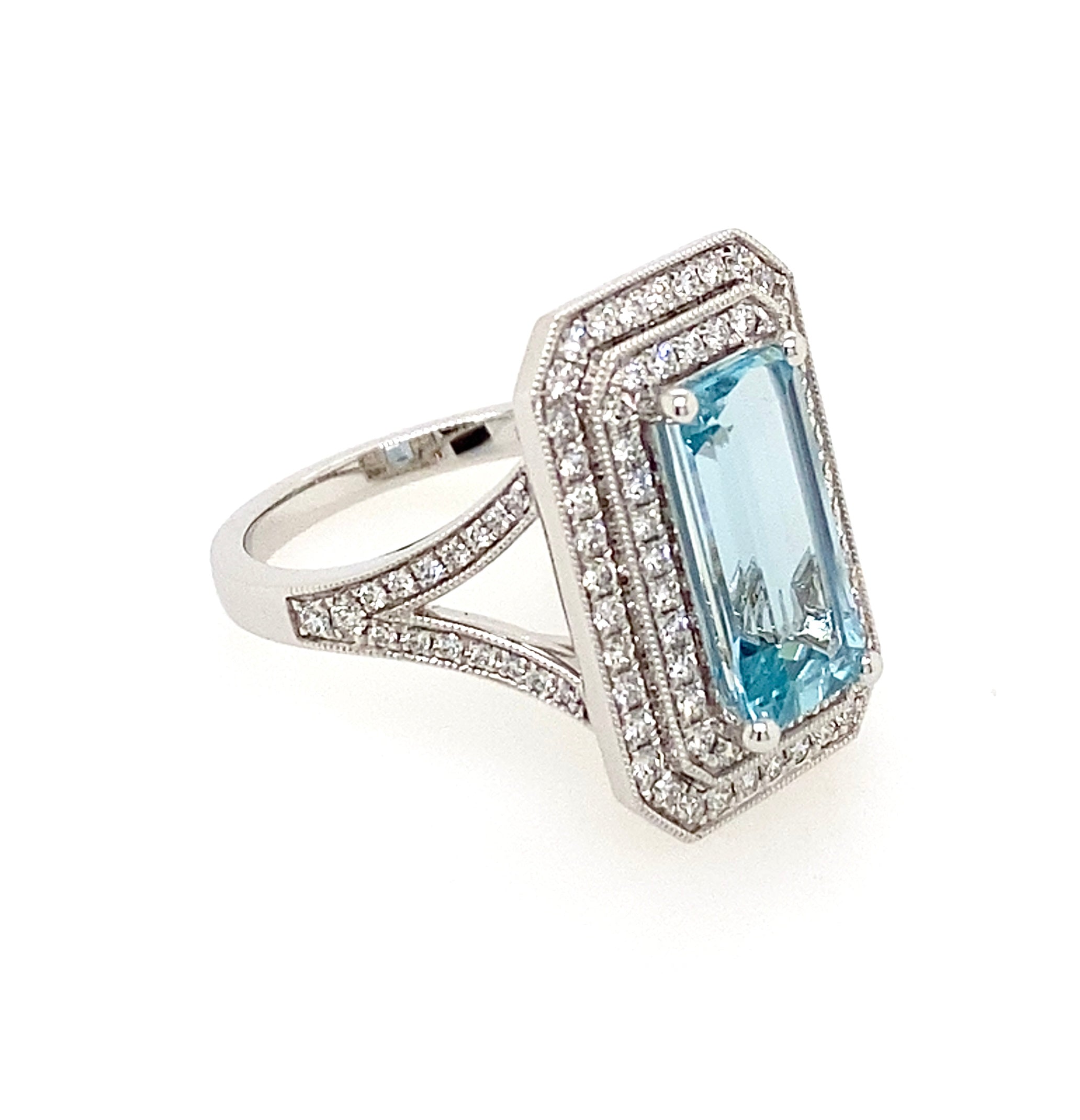 2.34ct Aquamarine and Diamond Platinum Double Halo Ring