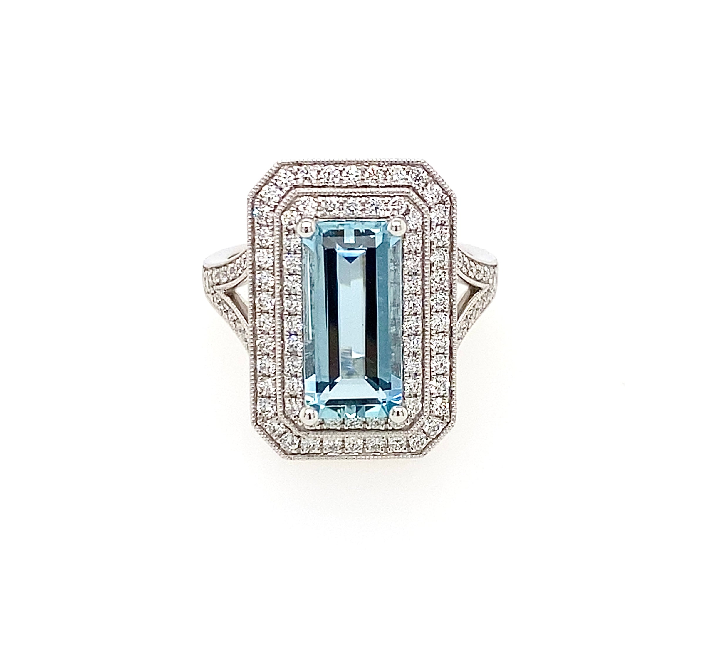 2.34ct Aquamarine and Diamond Platinum Double Halo Ring