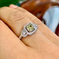 Yellow and White Diamonds Fancy Halo Trilogy Engagement Ring in 18K White Gold