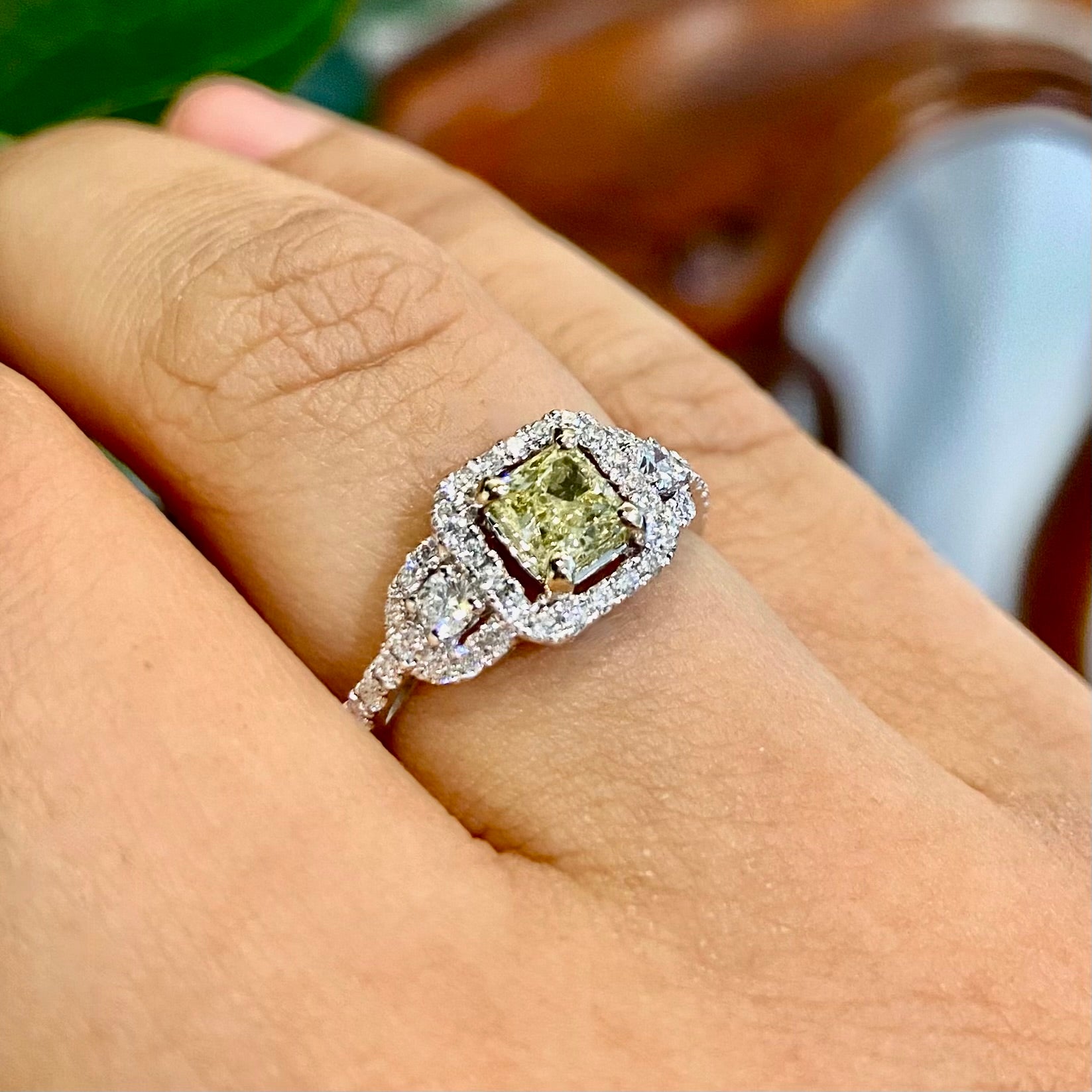 Yellow and White Diamonds Fancy Halo Trilogy Engagement Ring in 18K White Gold