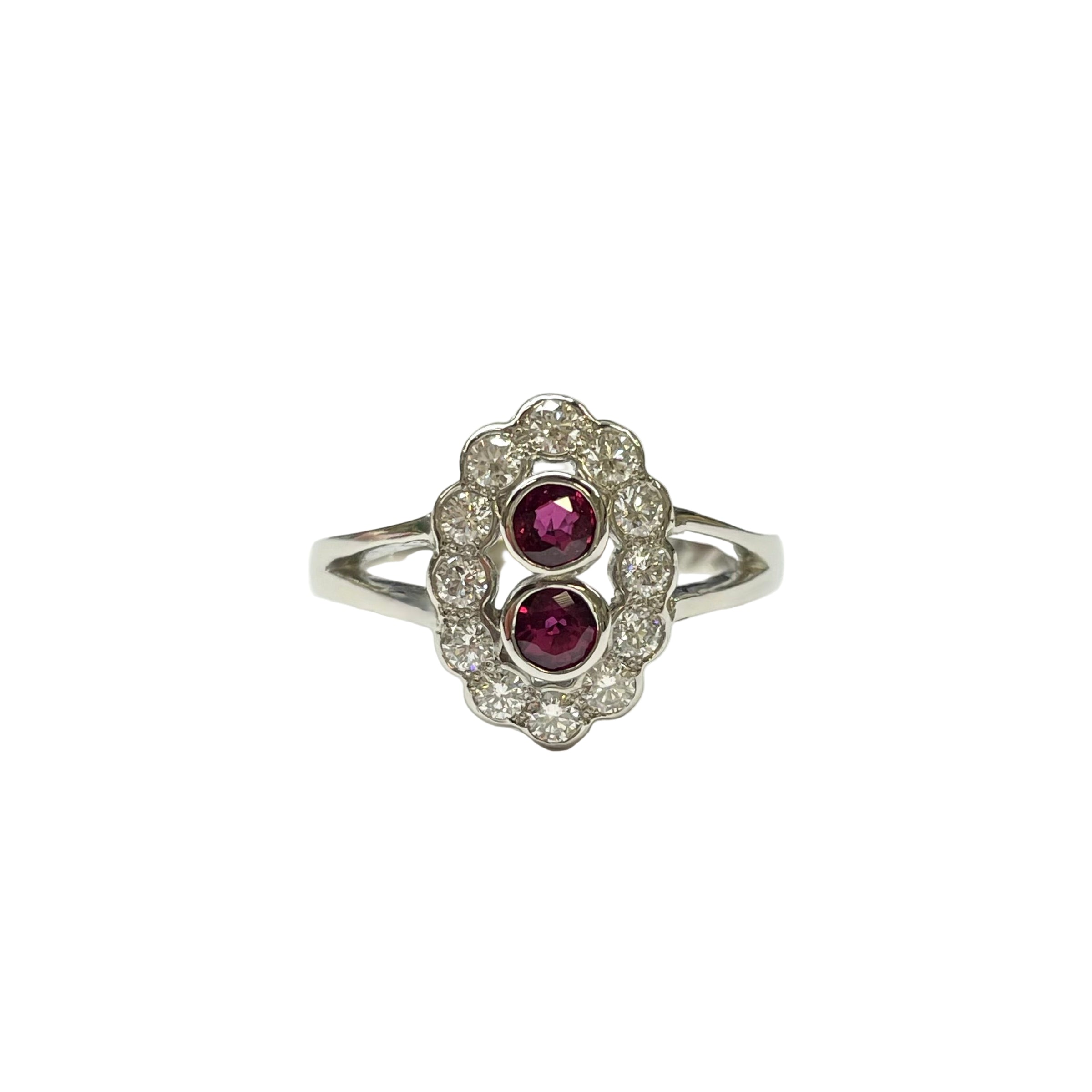 Ruby and Diamond Vintage- Style Cluster Ring in Platinum