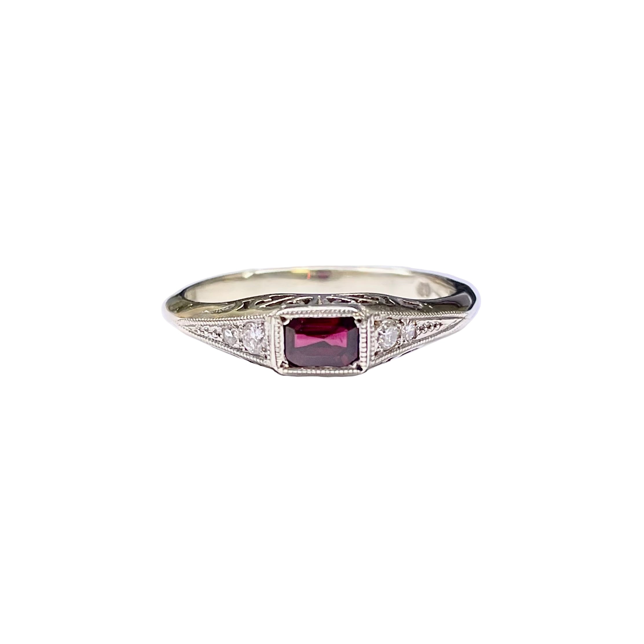 Ruby and Diamond Filagree Vintage- Style Ring in 9K White Gold