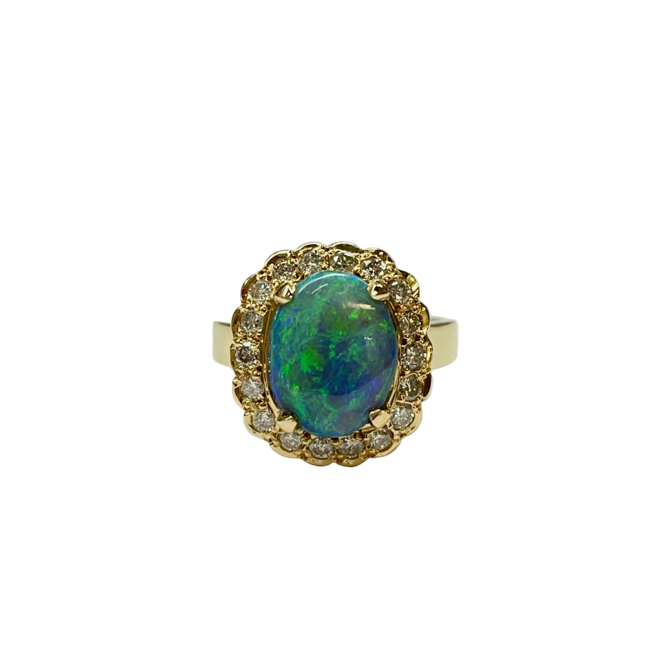 Australian Lightening Ridge Opal and Diamond Cluster Ring in 18K Yellow Gold