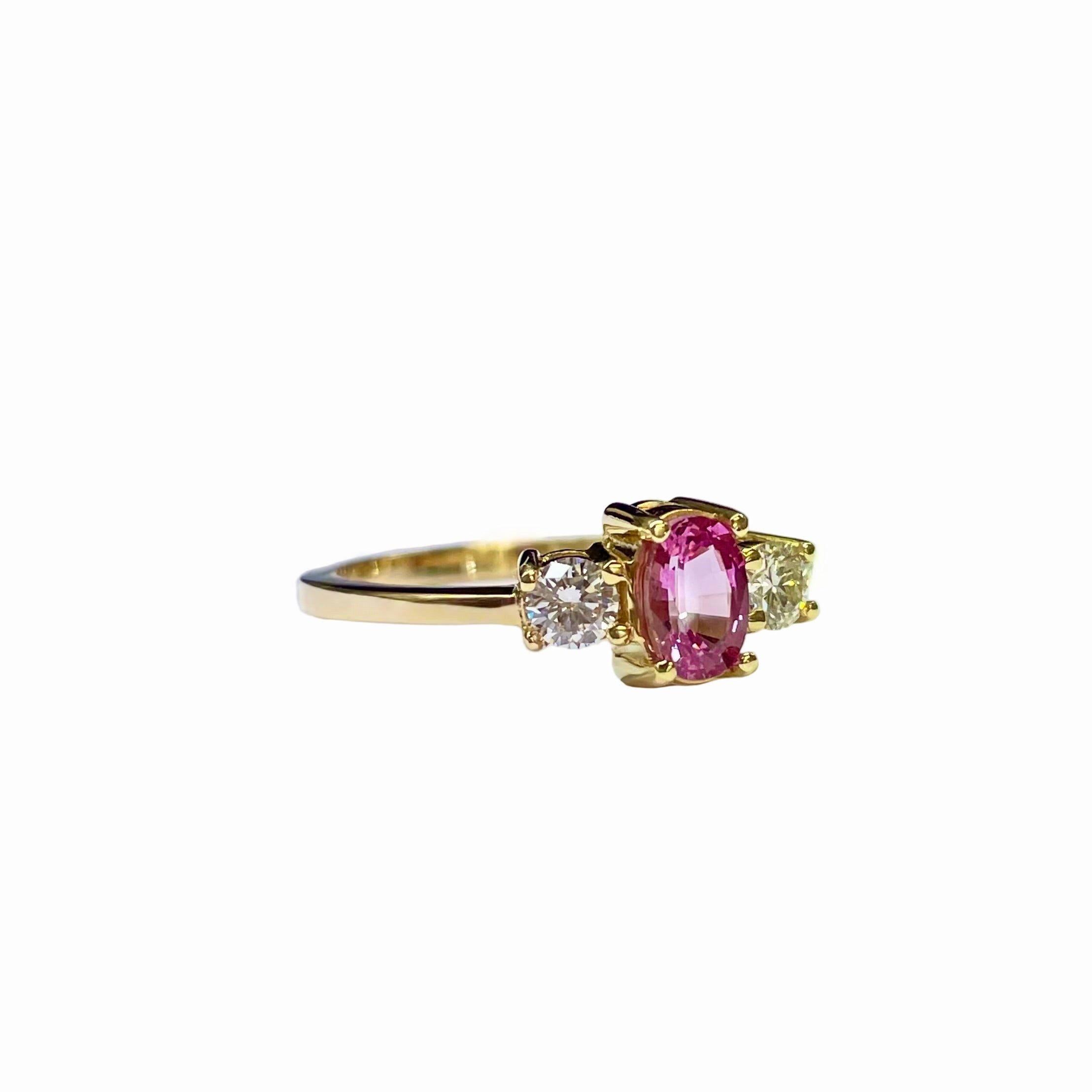 Pink Sapphire and Diamond Trilogy Ring in 18K Yellow Gold