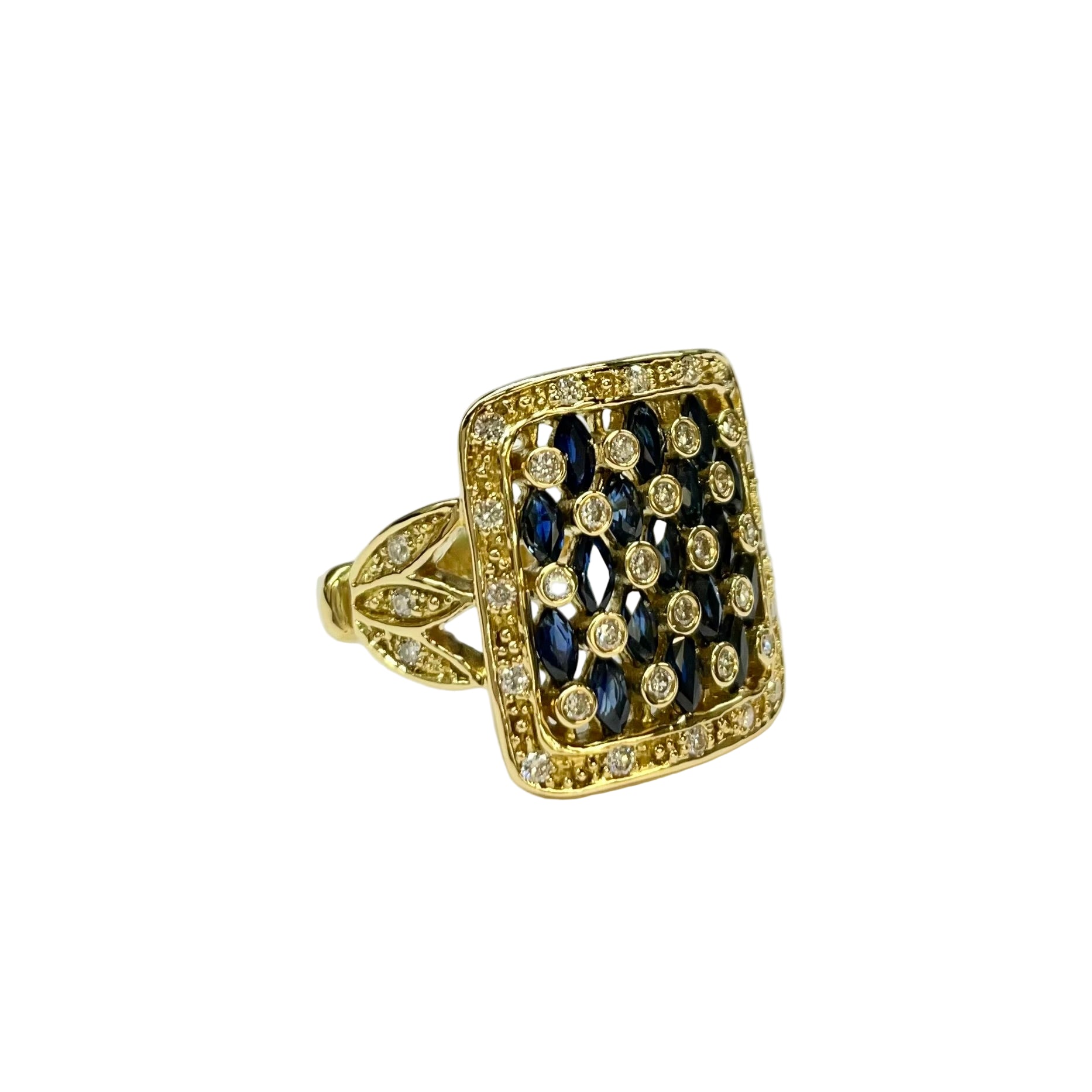 Sapphire and Diamond Unique Square Cluster Ring in 18K Yellow Gold