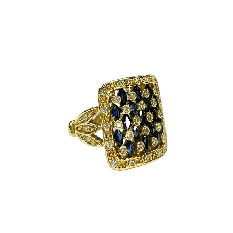 Sapphire and Diamond Unique Square Cluster Ring in 18K Yellow Gold