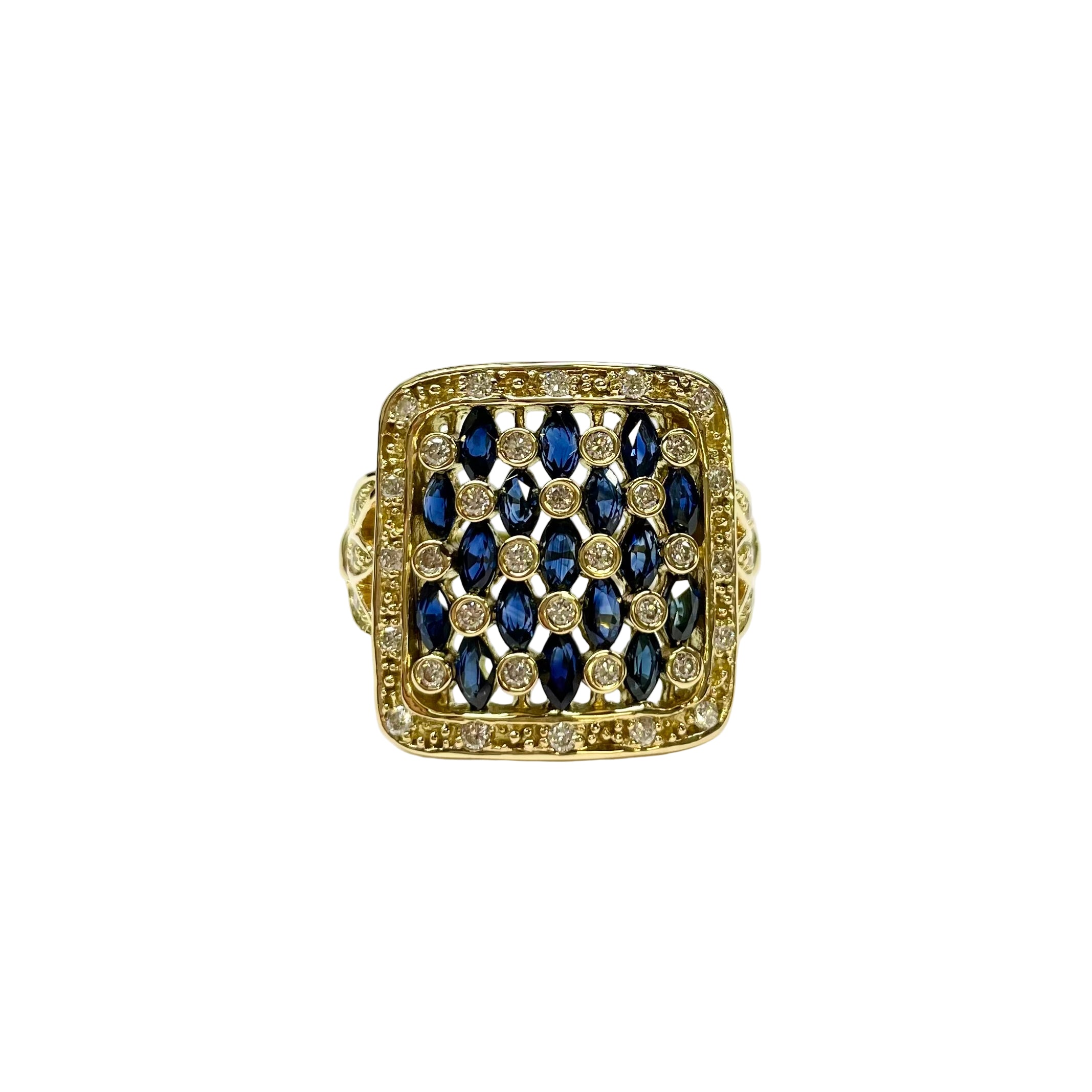 Sapphire and Diamond Unique Square Cluster Ring in 18K Yellow Gold