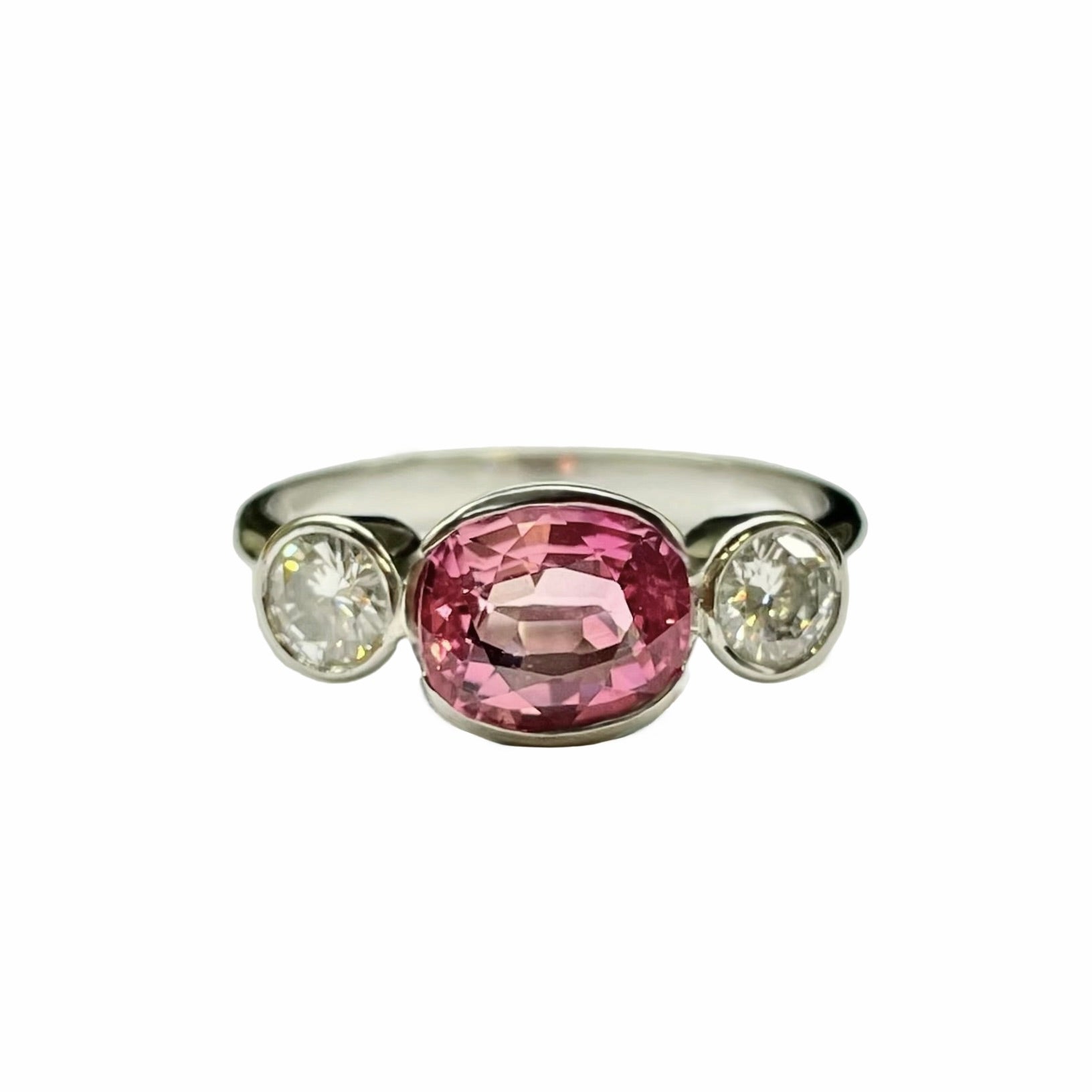 (colour change) Pink Tourmaline and Diamond Trilogy Ring in 18K White Gold