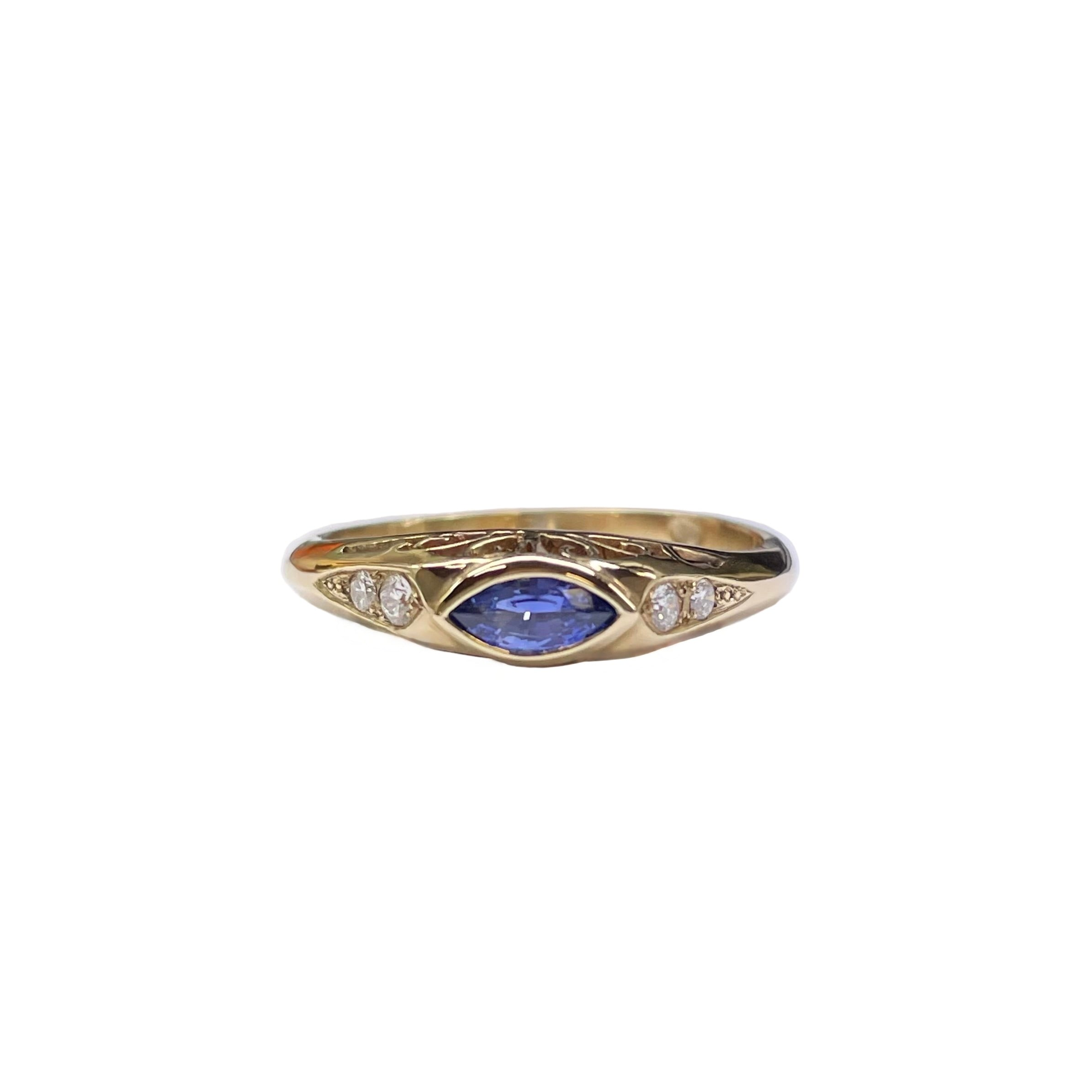 Blue Sapphire and Diamond Filagree Style Ring in 9K Yellow Gold