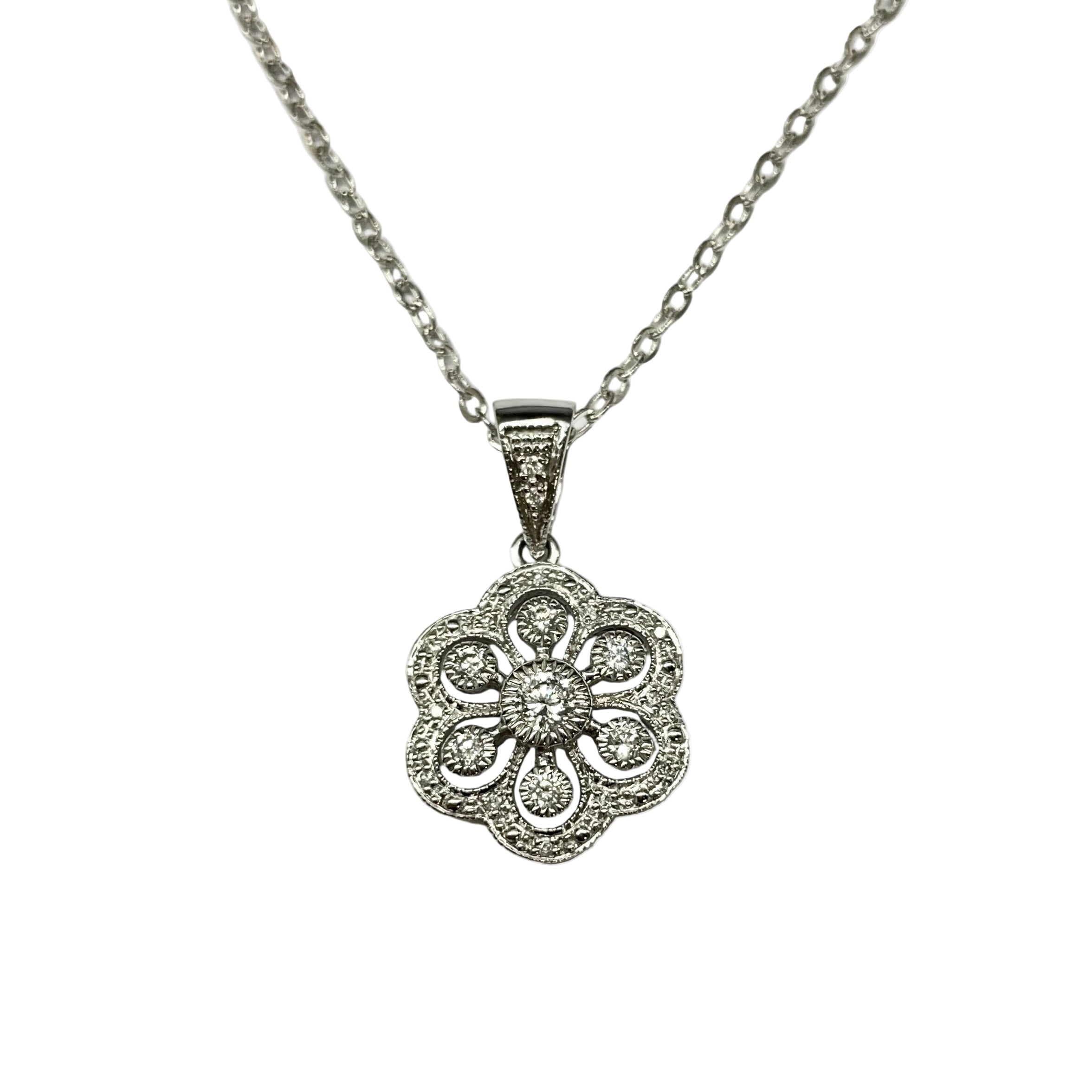 Diamond Floral- Style Pendant in 9K White Gold