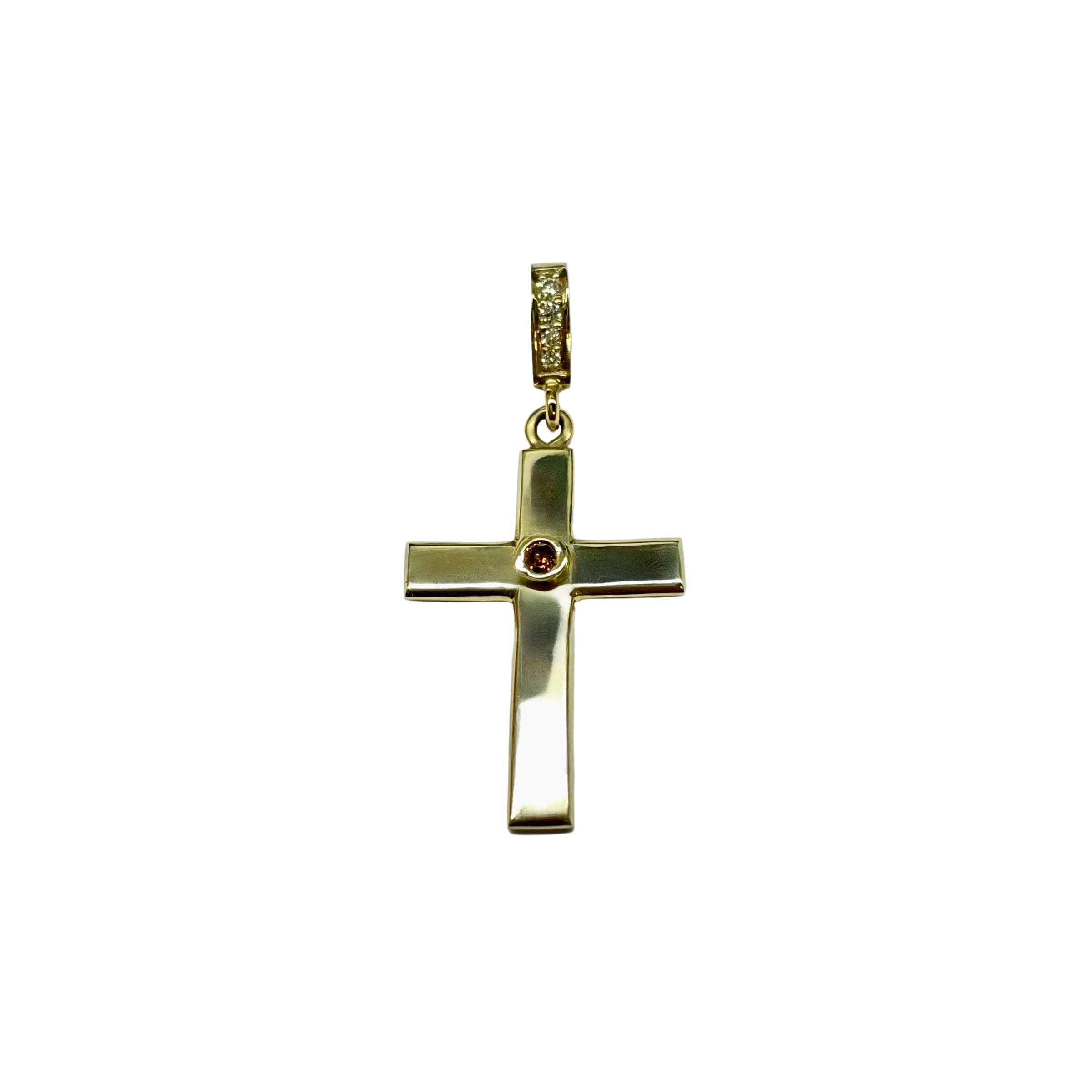 Handmade Brown and White Diamond Religious Cross Pendant in 9K Yellow Gold