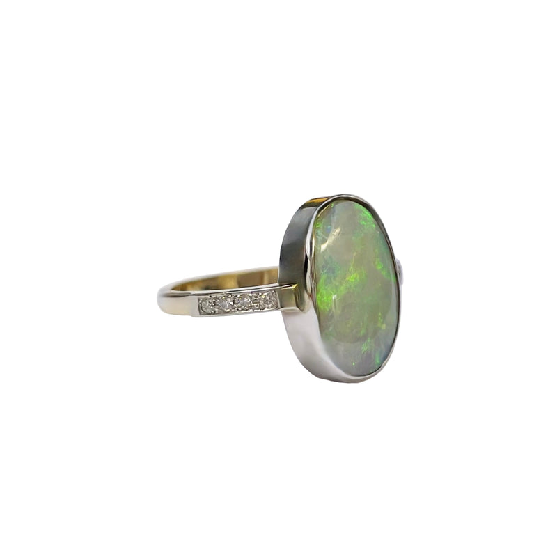 Australian Lightening Ridge Opal and Diamond Ring in 14K Yellow Gold and Rhodium Plating