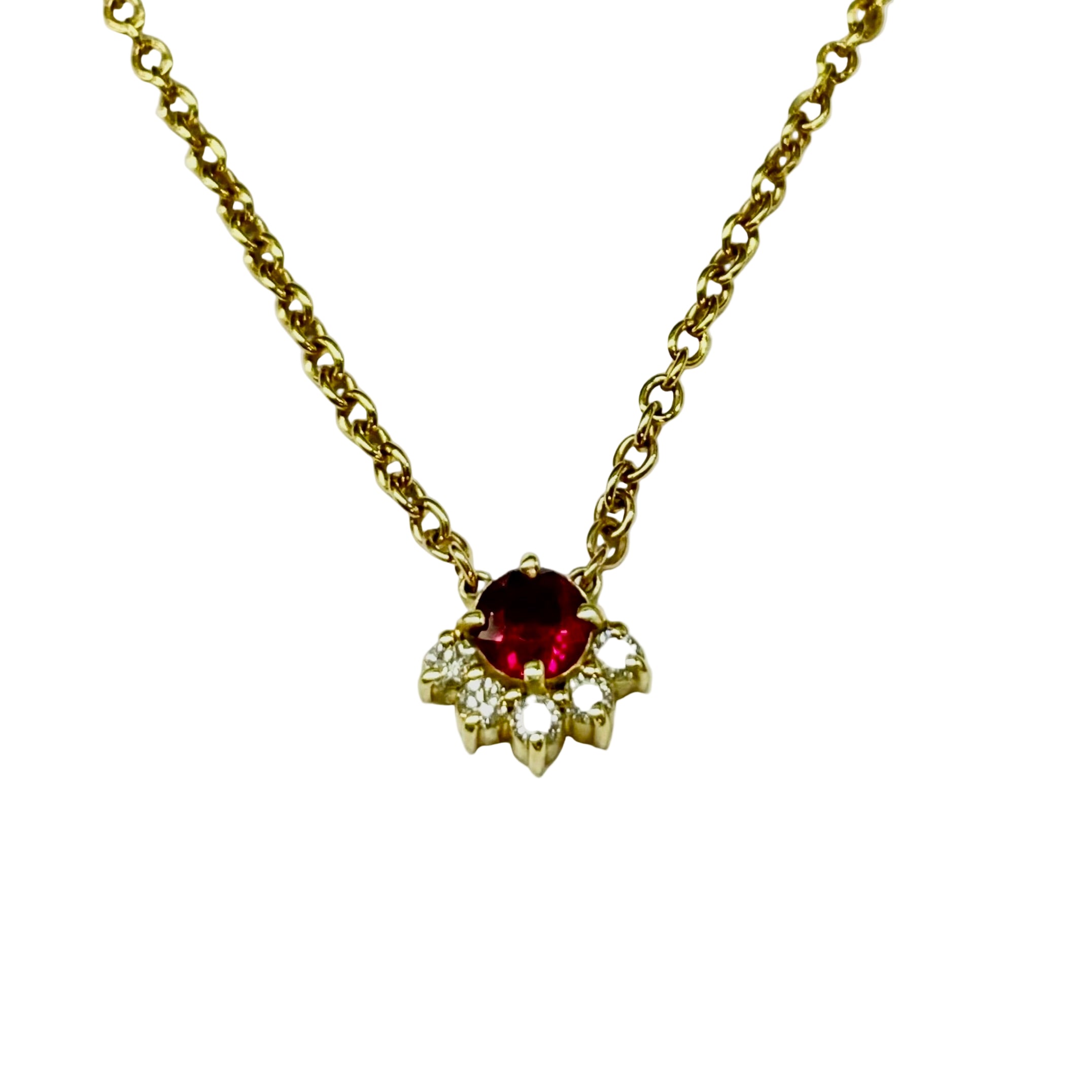 Ruby and Diamond Half- Cluster Necklace in 9K Yellow Gold