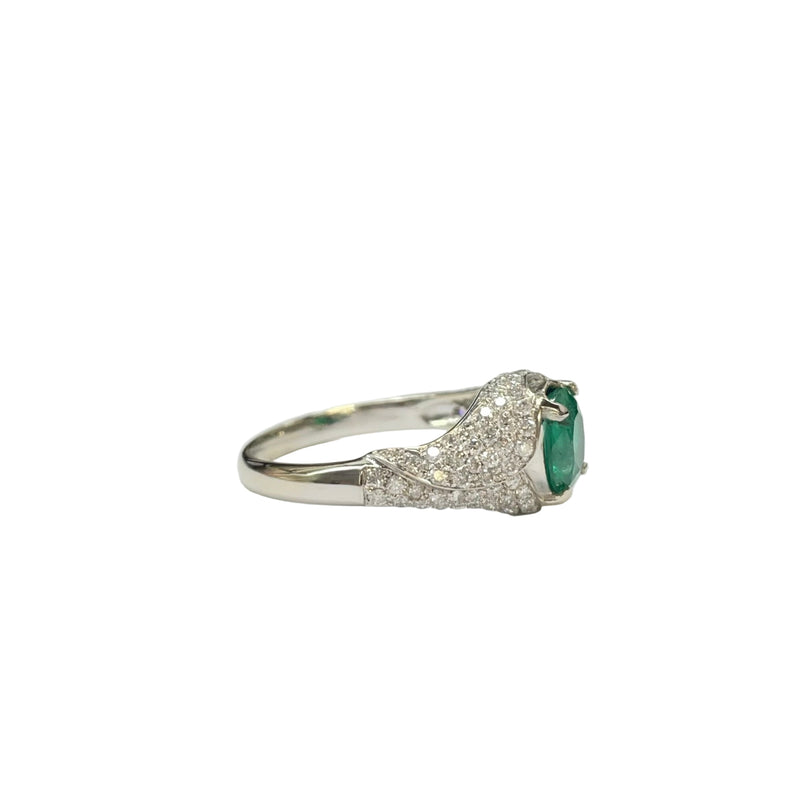 Emerald and Diamond Flowing Design Cluster Ring in 18K White Gold