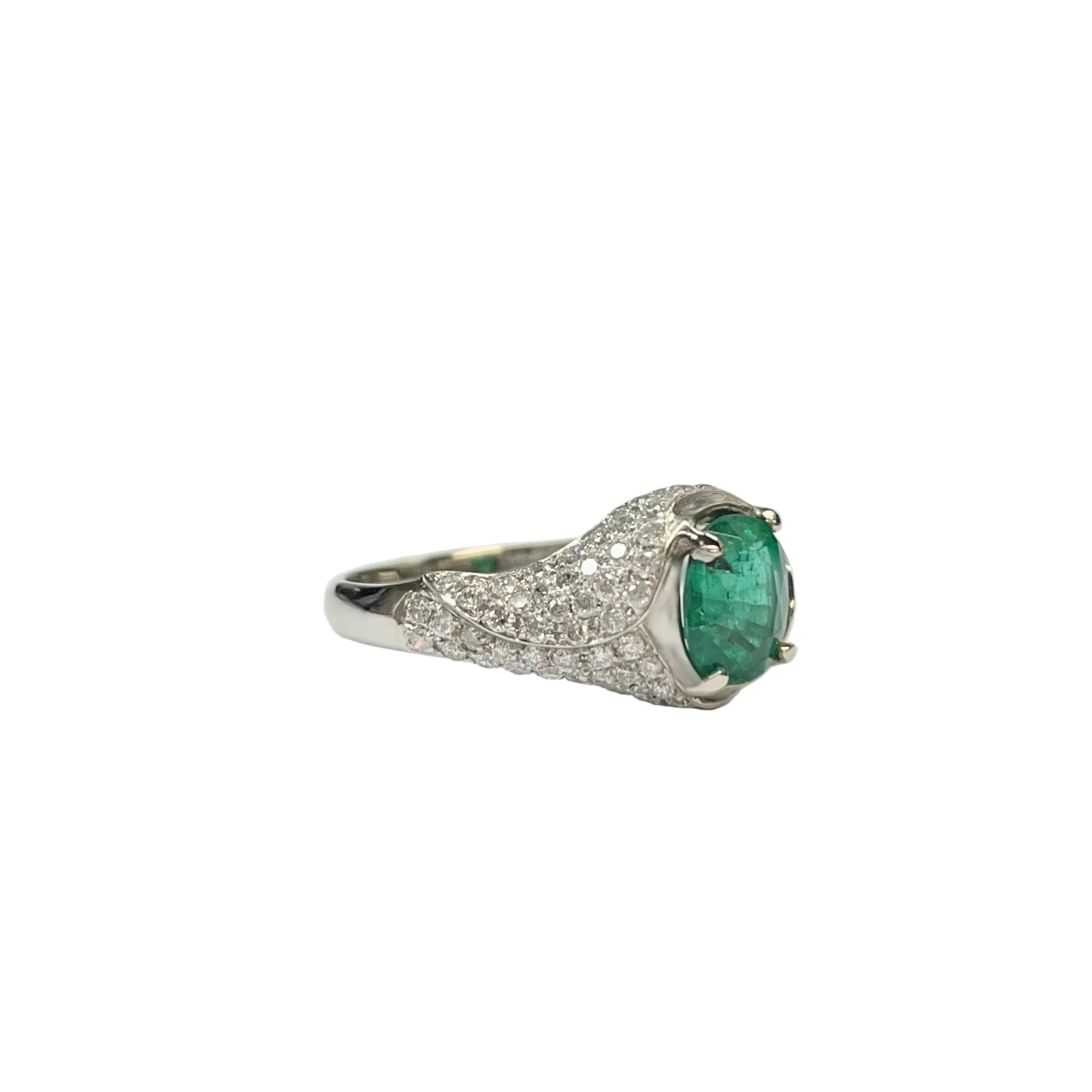 Emerald and Diamond Flowing Design Cluster Ring in 18K White Gold