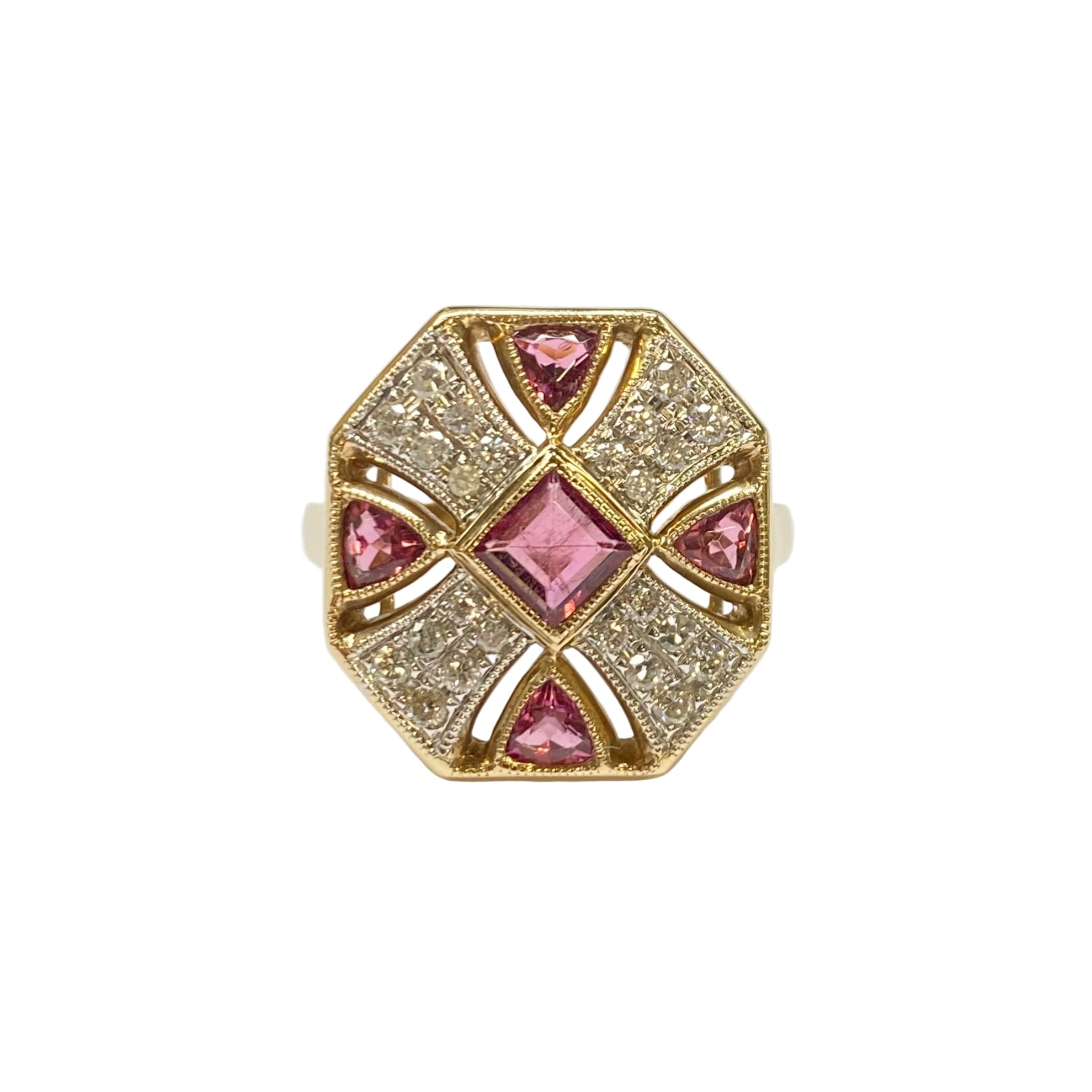 Pink Tourmalines and Diamonds Artistic Cluster Ring in 9K Yellow Gold