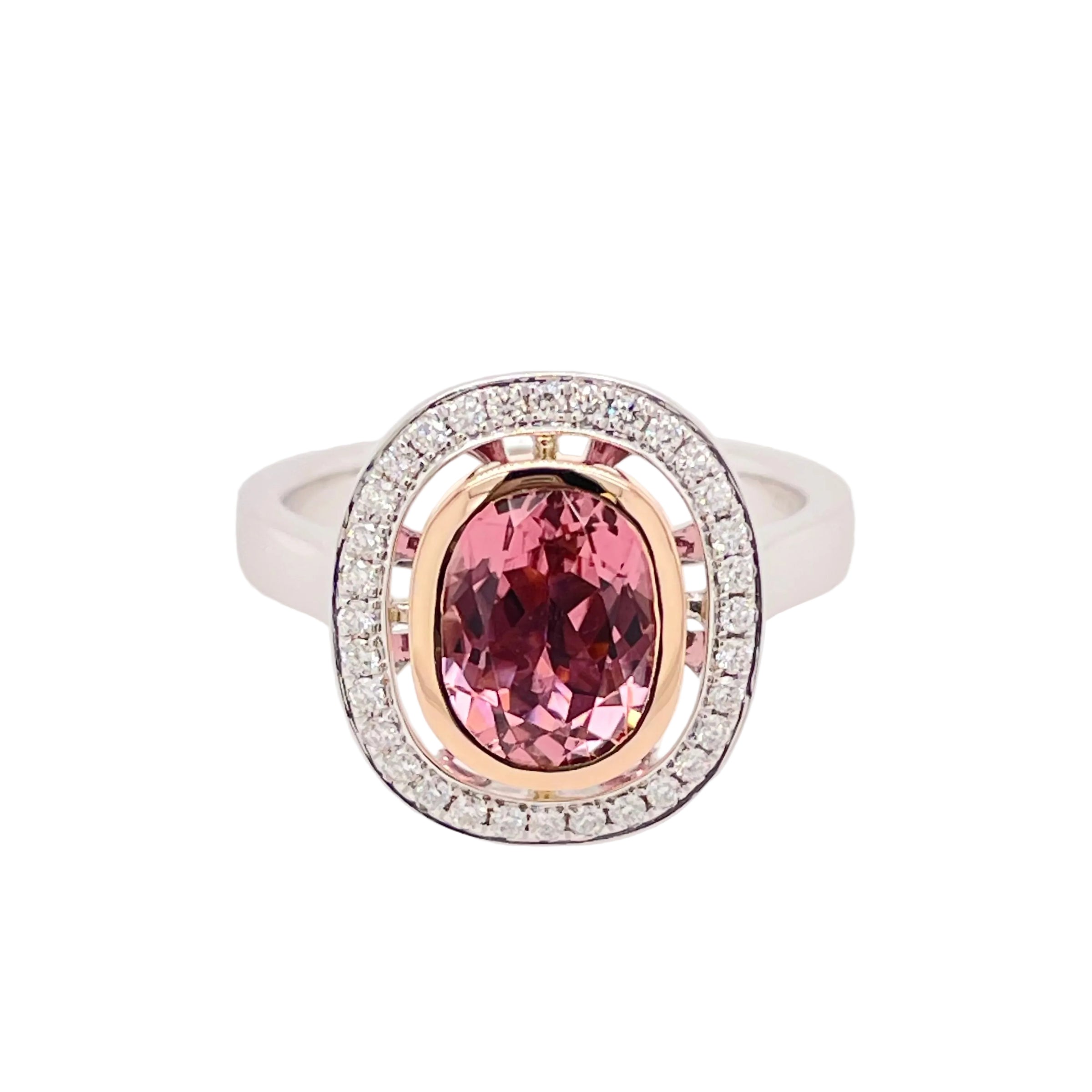 Pink Tourmaline and Diamond Halo Ring in 18K White Gold and Yellow Gold Accent