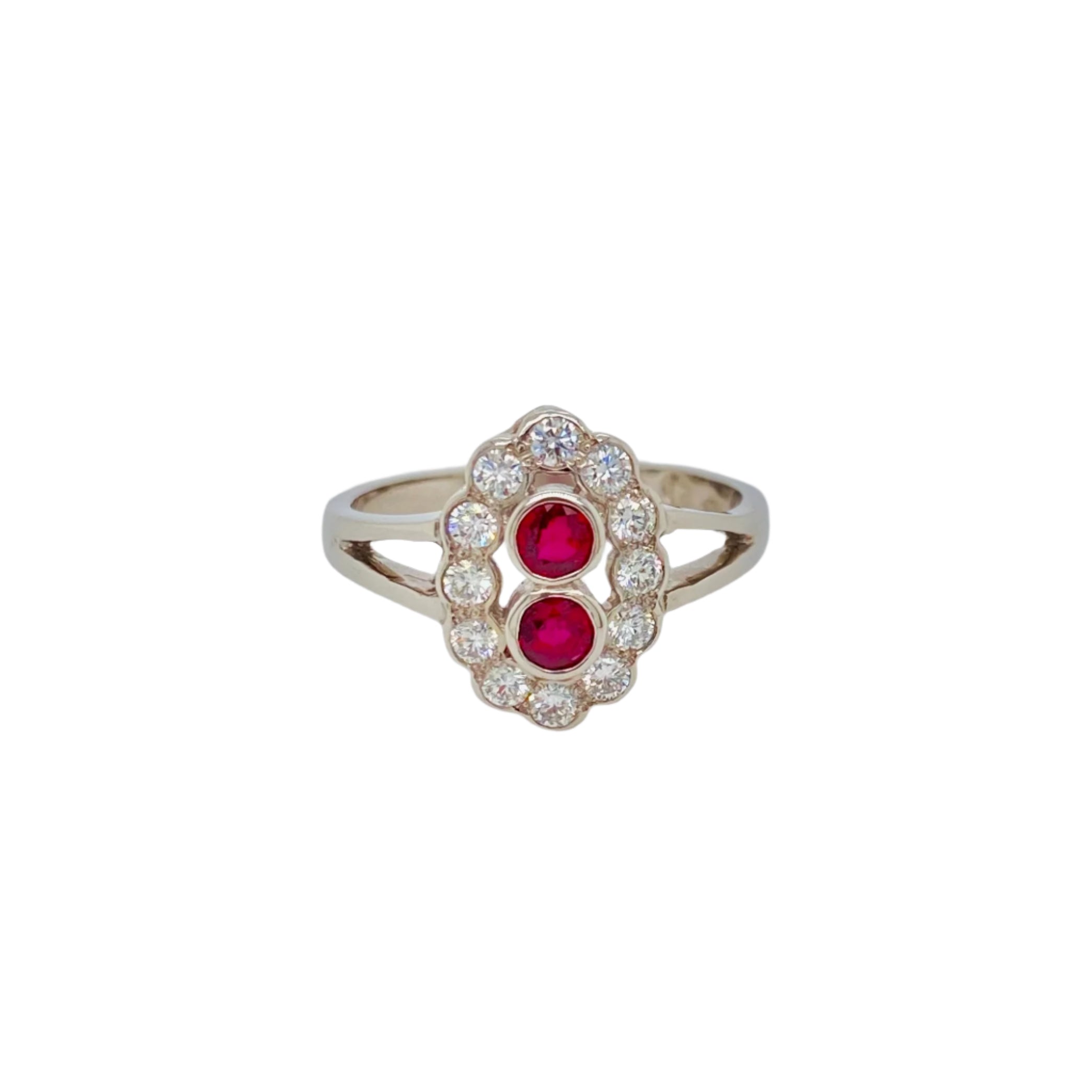 Vintage- Style Ruby and Diamond Cluster Ring in Platinum