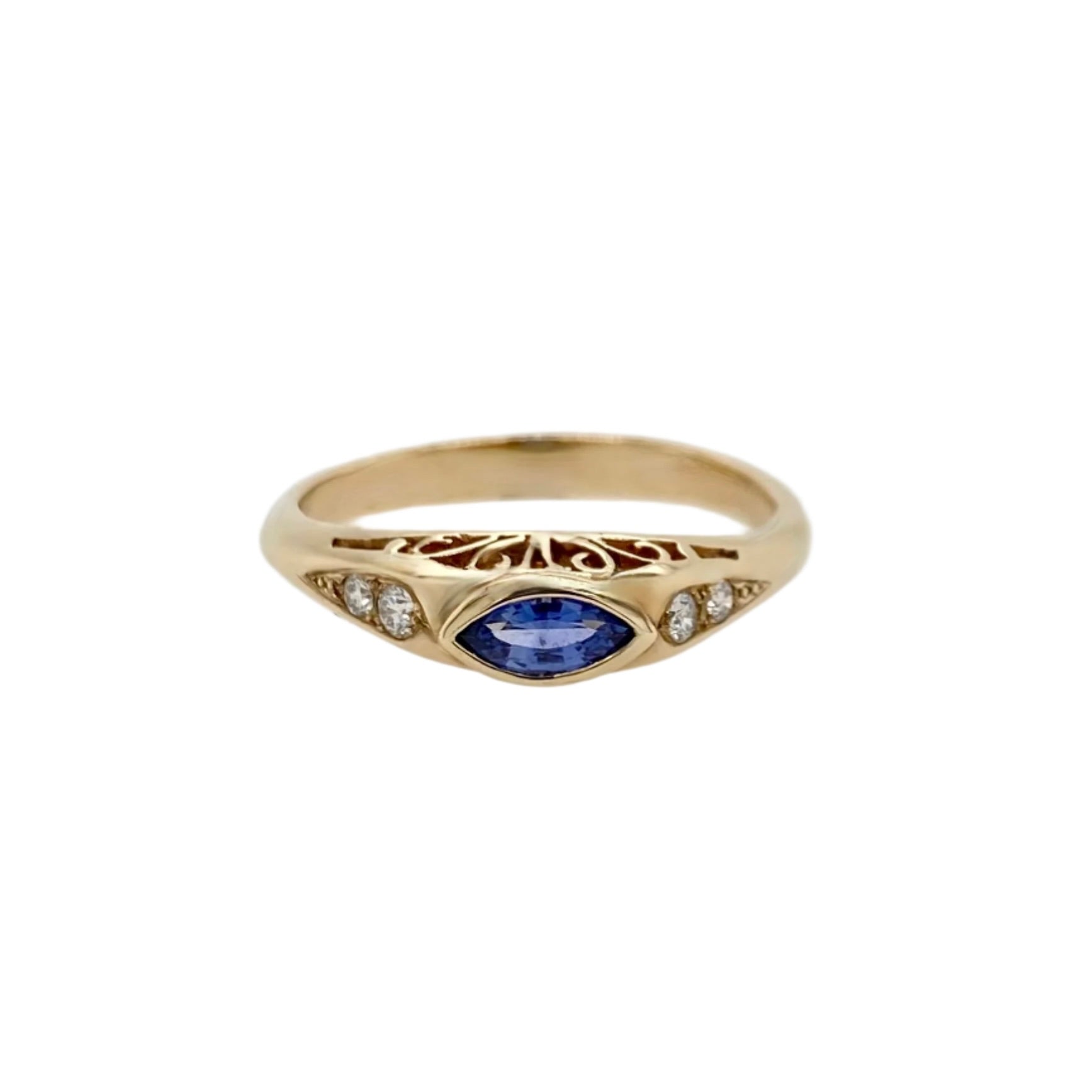 Blue Sapphire and Diamond Filagree Style Ring in 9K Yellow Gold