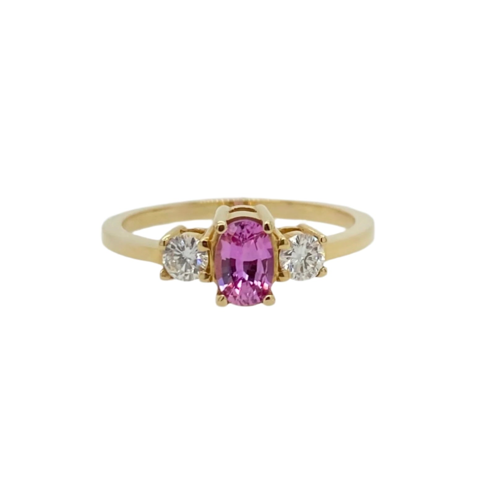 Pink Sapphire and Diamond Trilogy Ring in 18K Yellow Gold