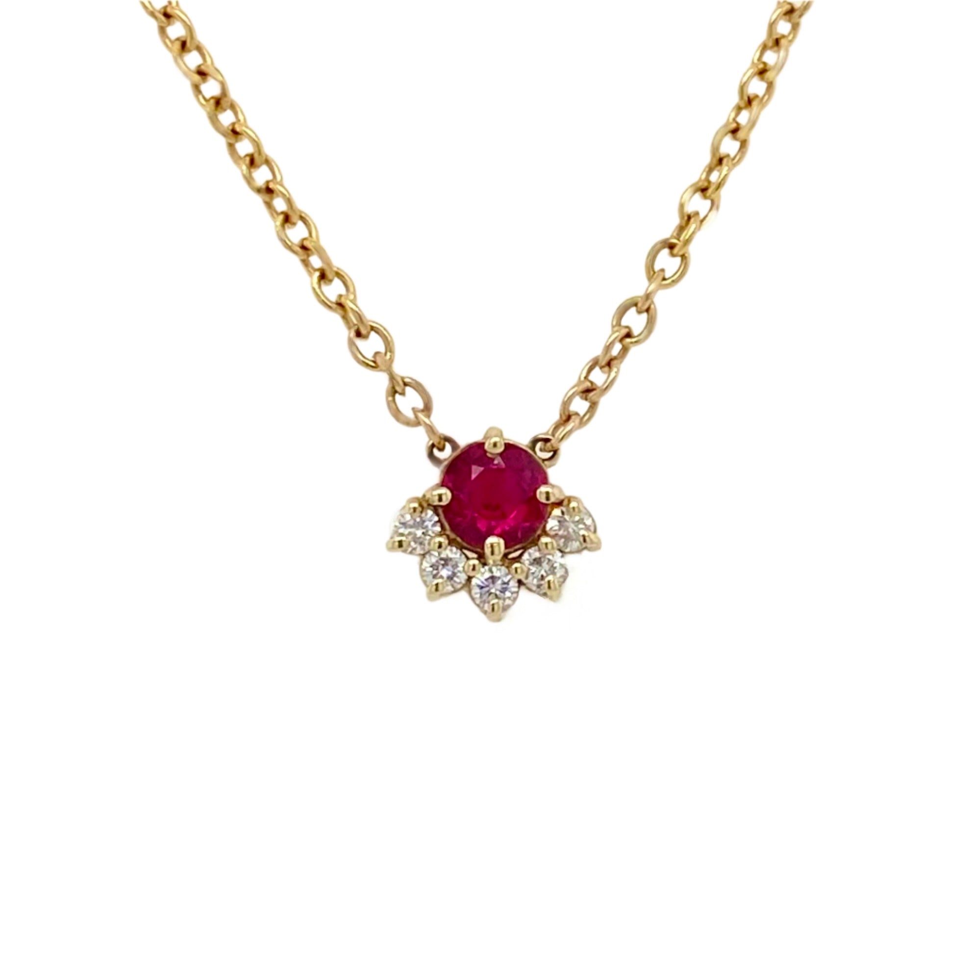 Ruby and Diamond Half- Cluster Necklace in 9ct Yellow Gold
