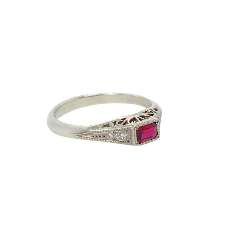 Ruby and Diamond Filagree Vintage- Style Ring in 9K White Gold