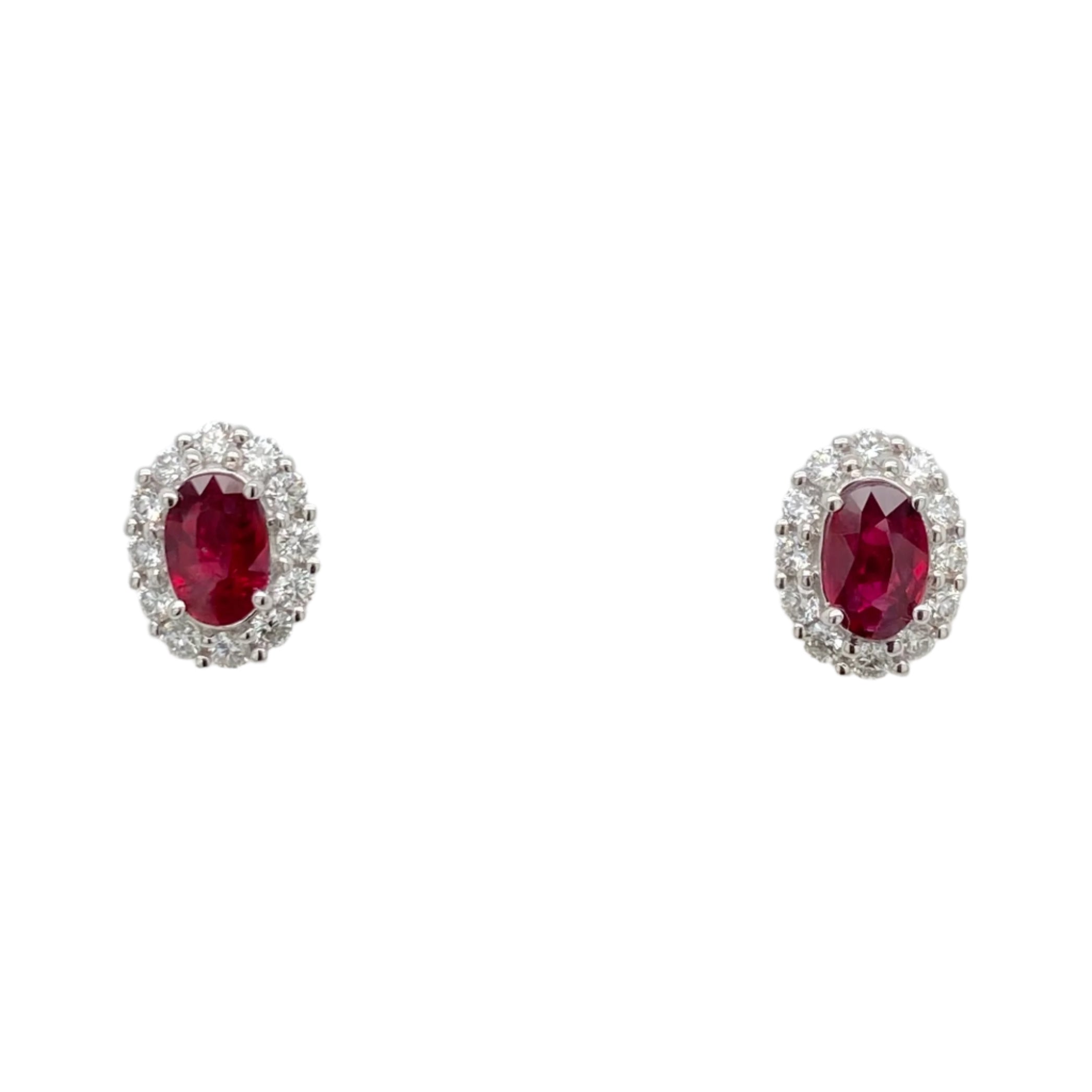 Ruby and Diamond Cluster Stud Earrings in 18K White Gold