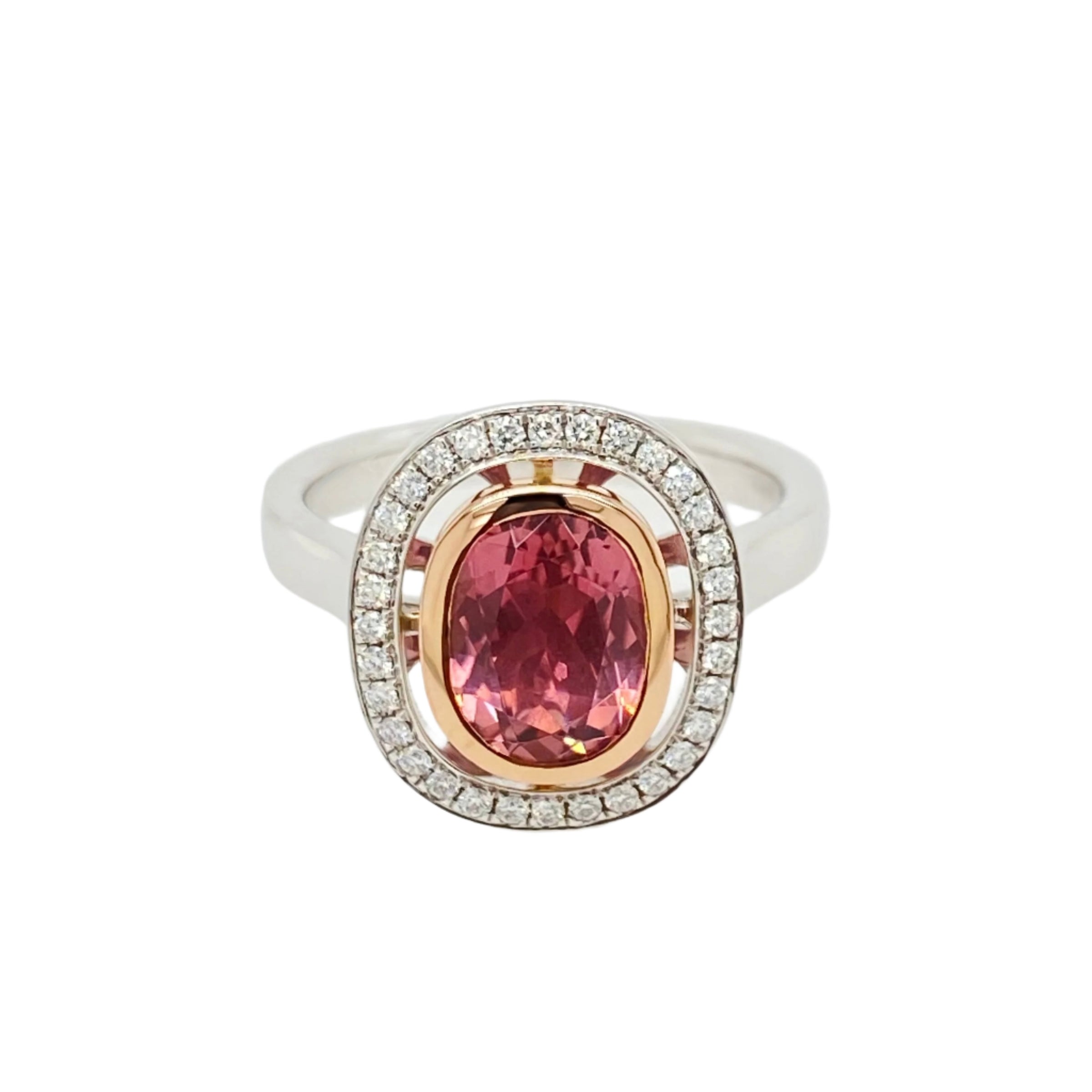 Pink Tourmaline and Diamond Halo Ring in 18K White Gold and Yellow Gold Accent