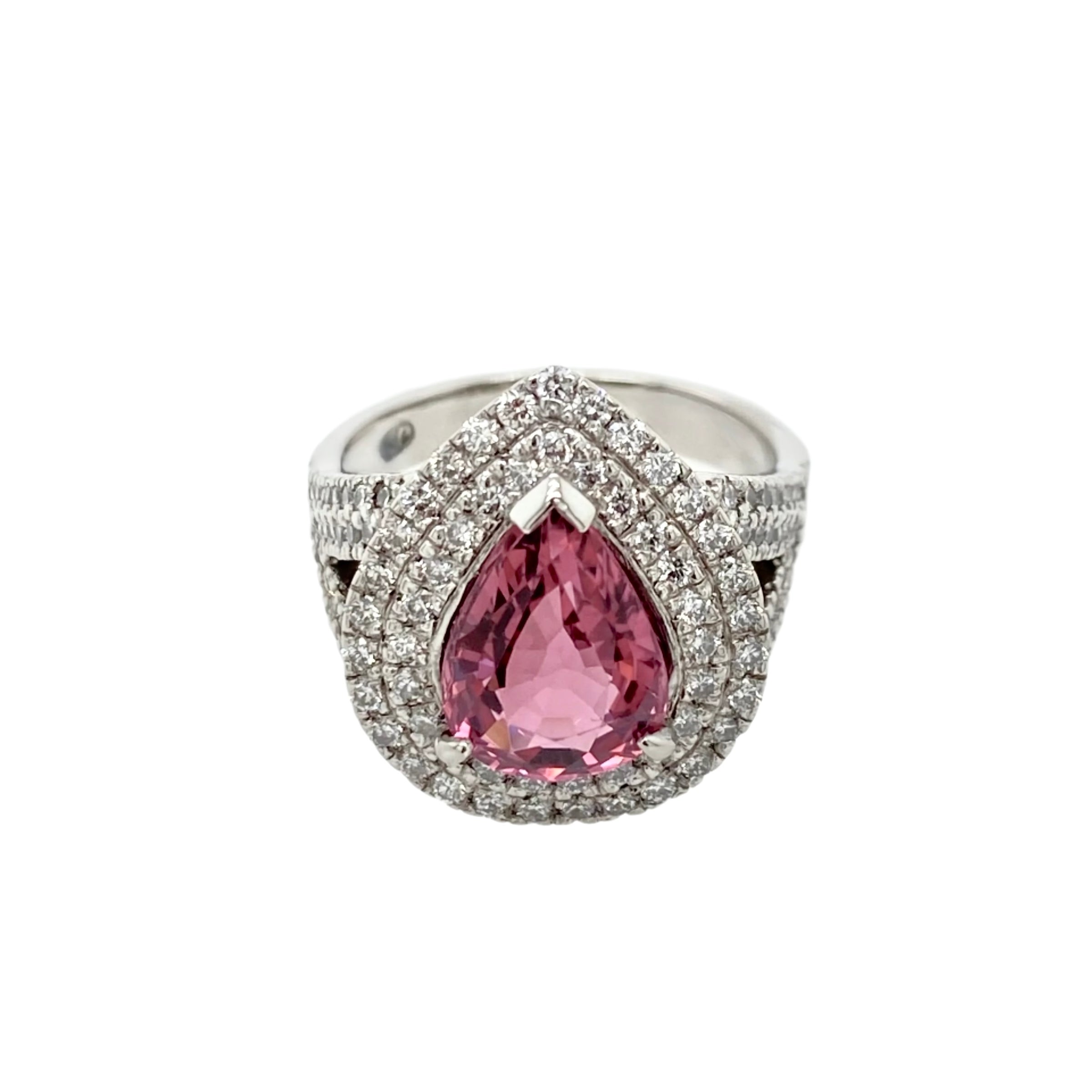 Pink Tourmaline and Diamond Pear- Shaped Cluster Ring in 18K White Gold