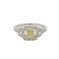 Yellow and White Diamonds Fancy Halo Trilogy Engagement Ring in 18K  White Gold