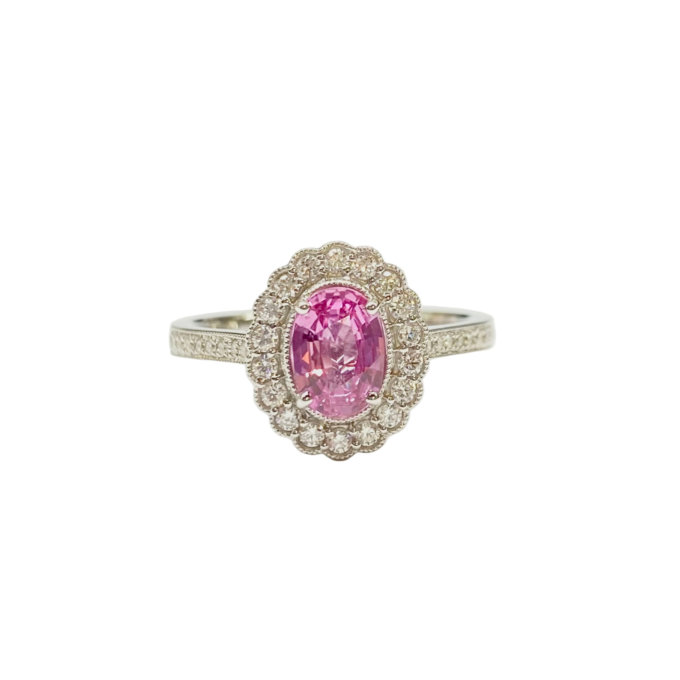 Pink Sapphire and Diamond Cluster Ring in 18K White Gold