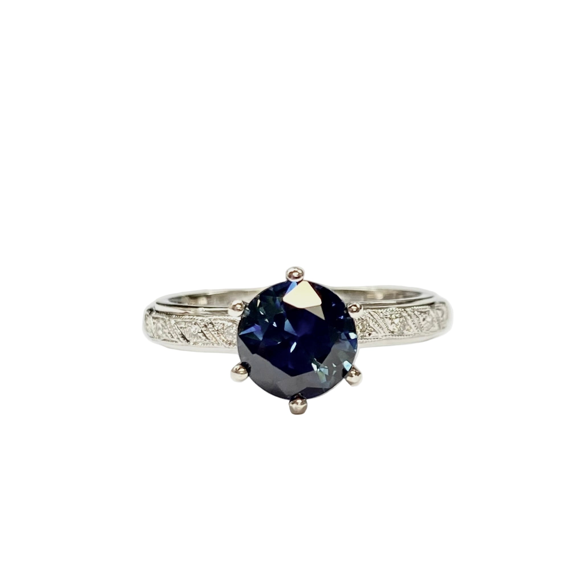 Unheated 1.53ct Dark Blue Sapphire and Diamond Band Ring in 18K White Gold
