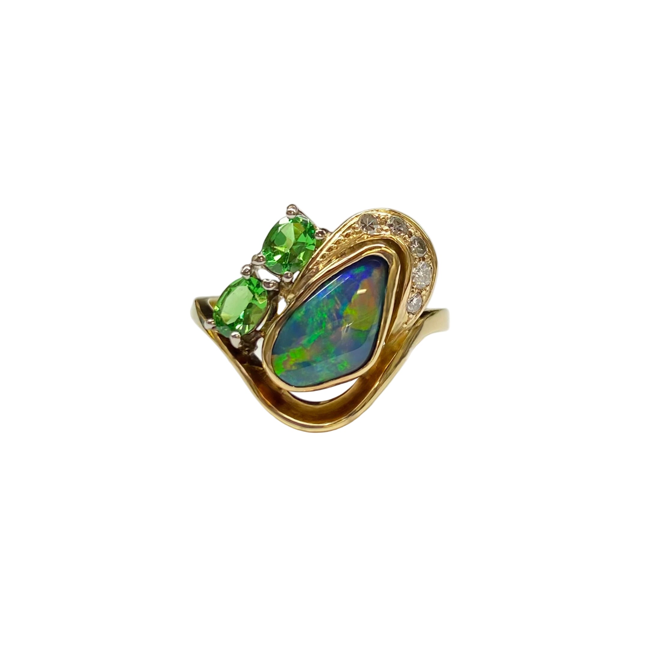 Australian Black Opal, Tsavorite and Diamond Cluster Ring in 18K Yellow Gold