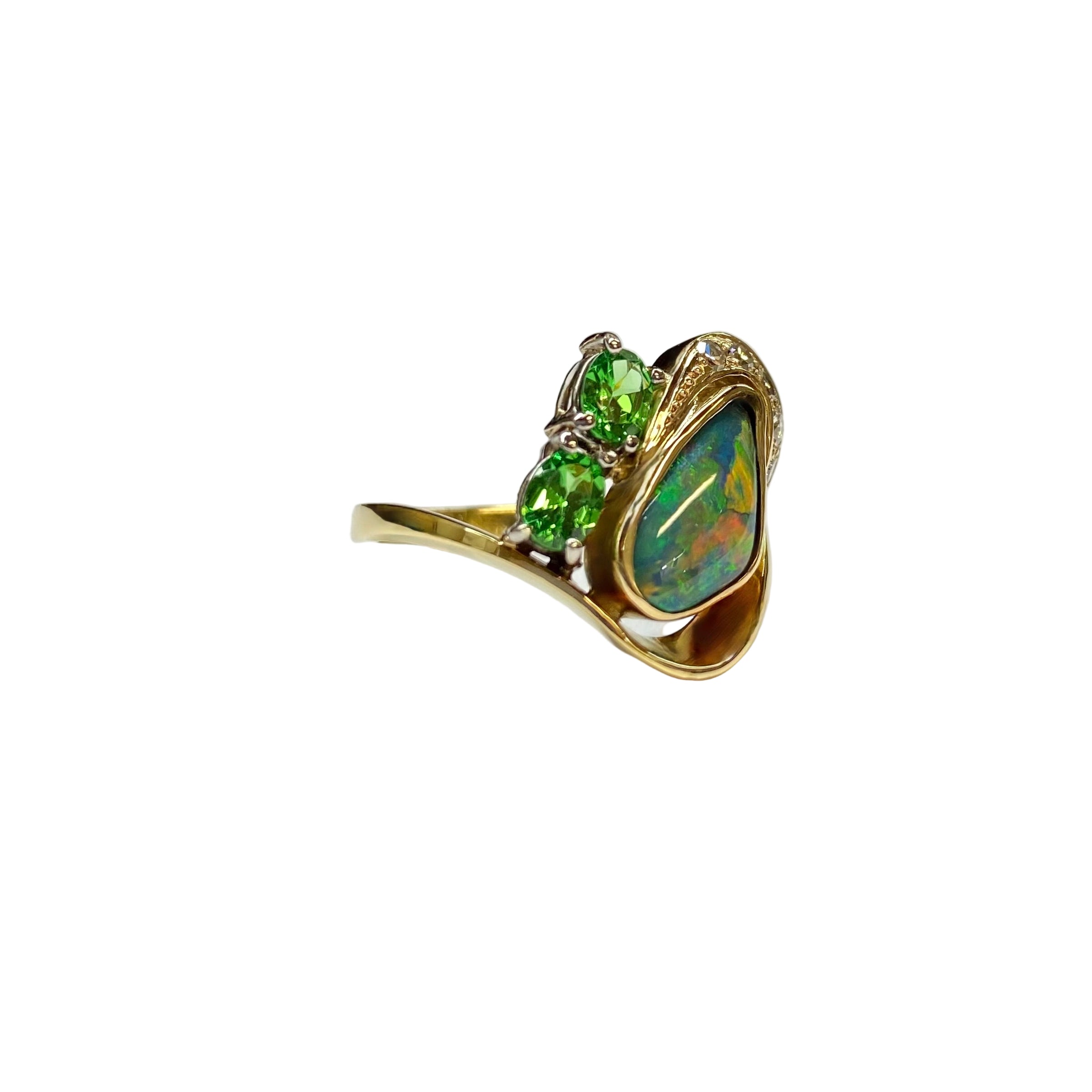 Australian Black Opal, Tsavorite and Diamond Cluster Ring in 18K Yellow Gold