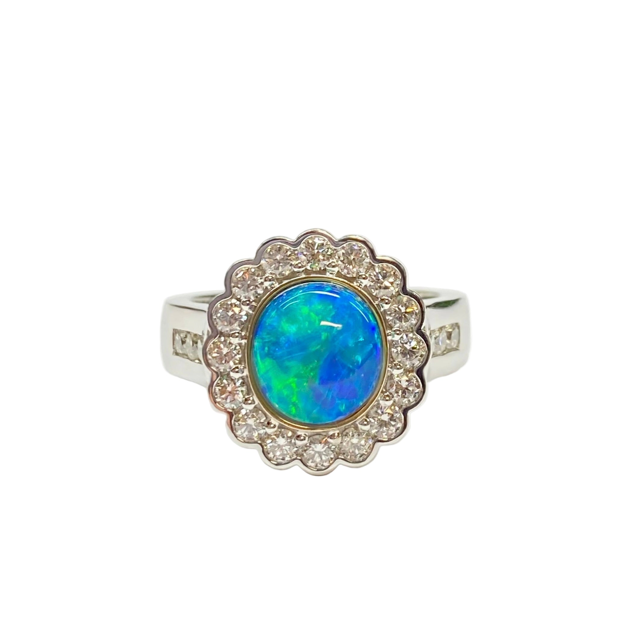 Opal and Diamond Cluster Ring in 9K White Gold with Yellow Gold Accent