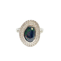 Free-formed Australian Black Opal and Diamond Double Halo Ring in Platinum