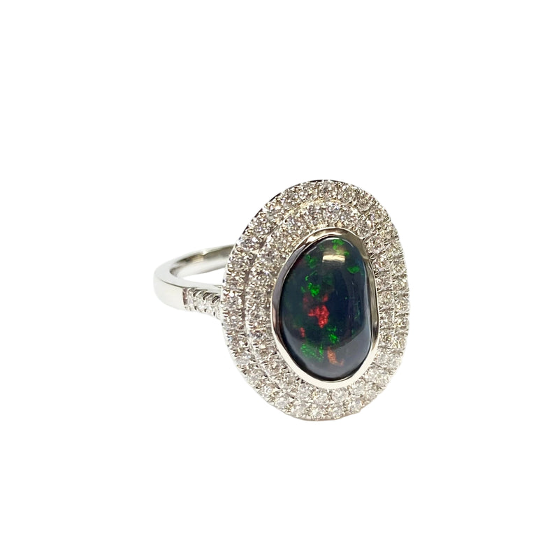 Free-formed Australian Black Opal and Diamond Double Halo Ring in Platinum
