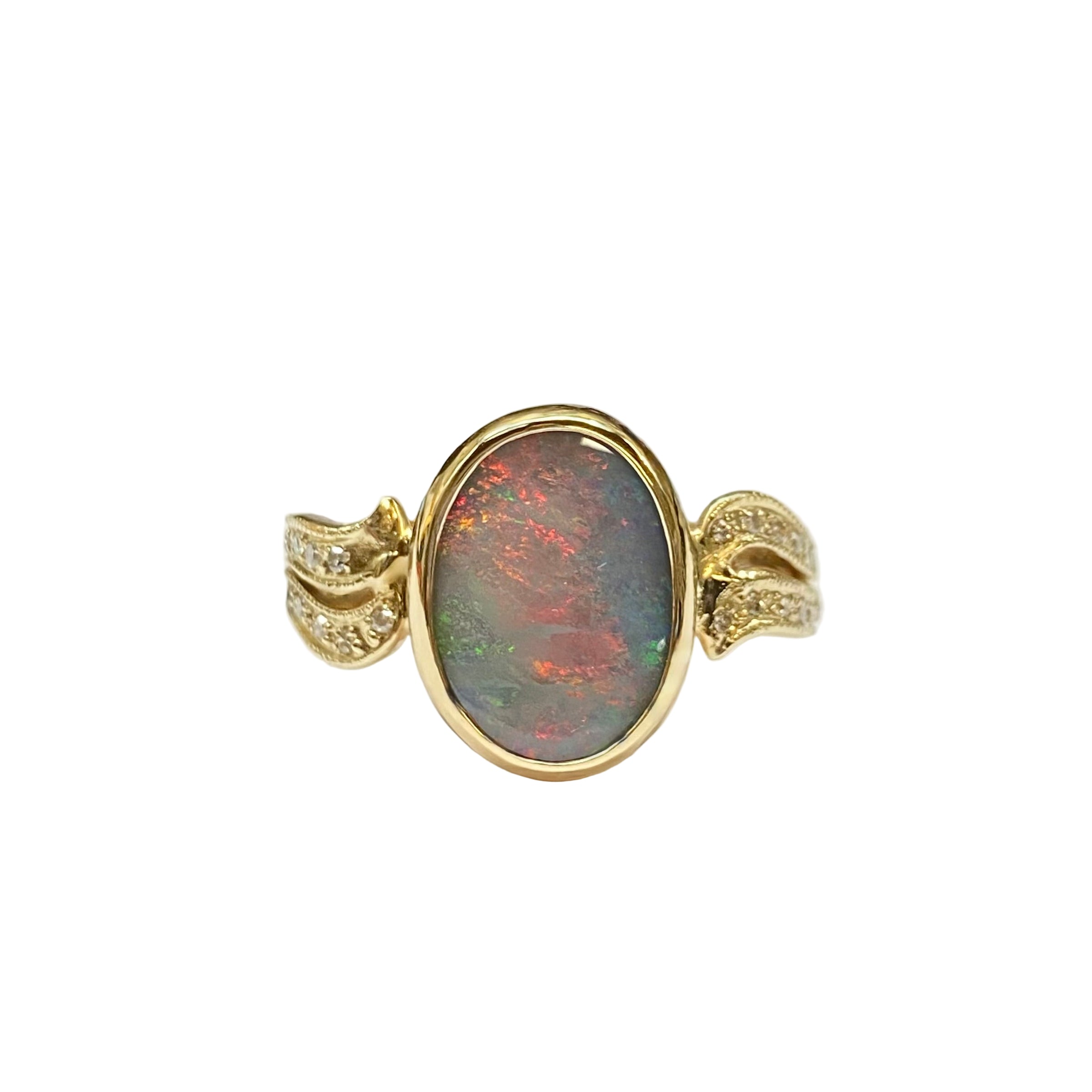 Australian Lightening Ridge Opal and Diamonds Artistic Ring in 14K Yellow Gold
