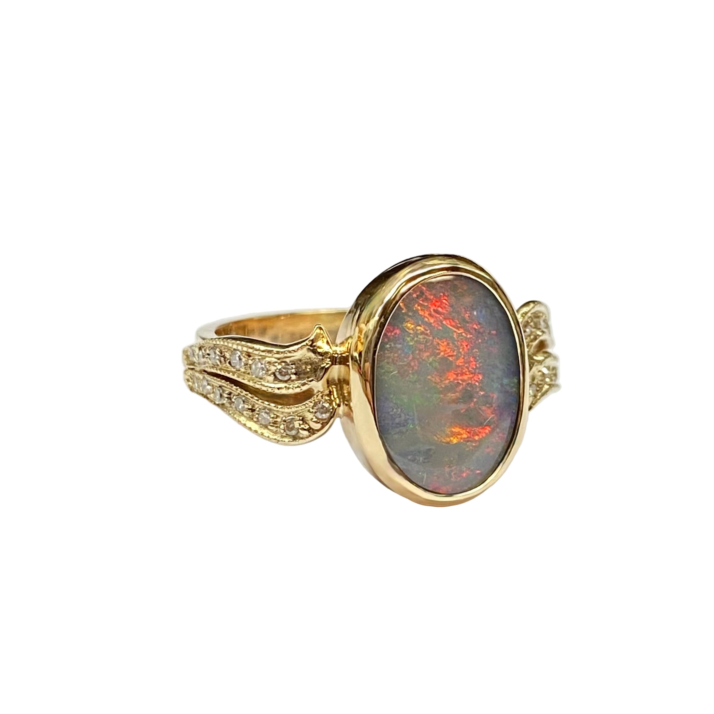 Australian Lightening Ridge Opal and Diamonds Artistic Ring in 14K Yellow Gold