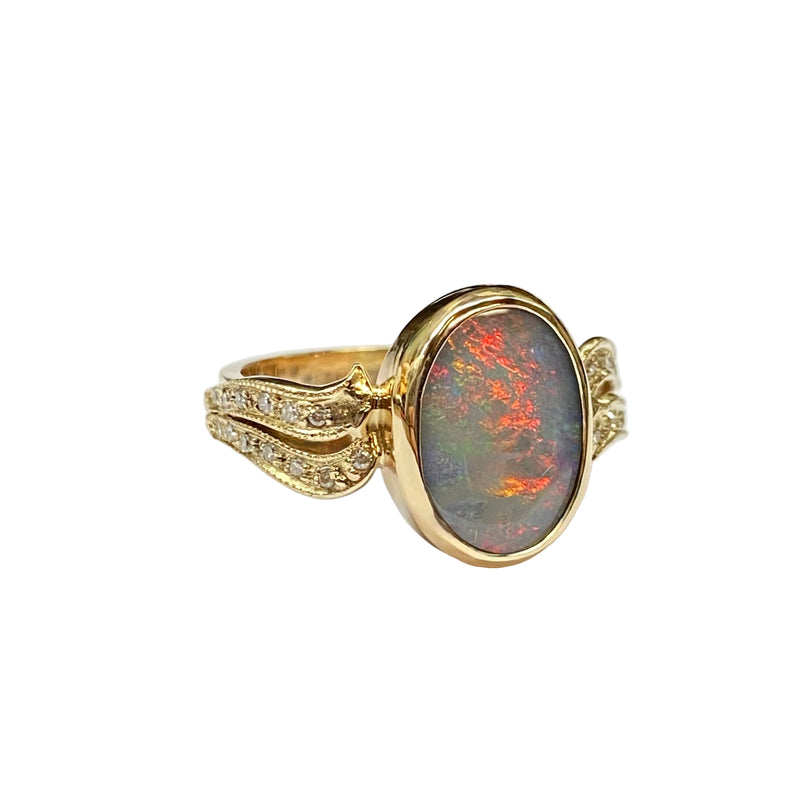 Australian Lightening Ridge Opal and Diamonds Artistic Ring in 14K Yellow Gold