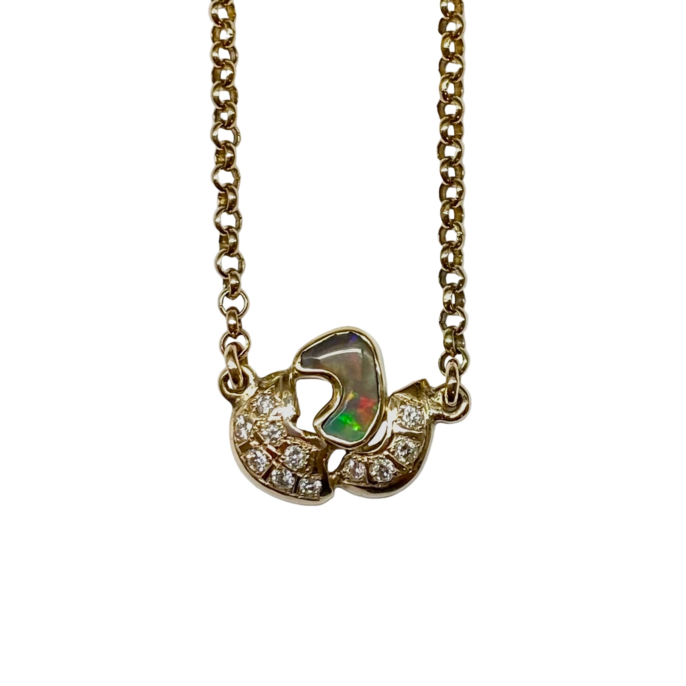 Handmade Australian Lightening Ridge Opal and Diamond Necklace in 9K and 14K Yellow Gold