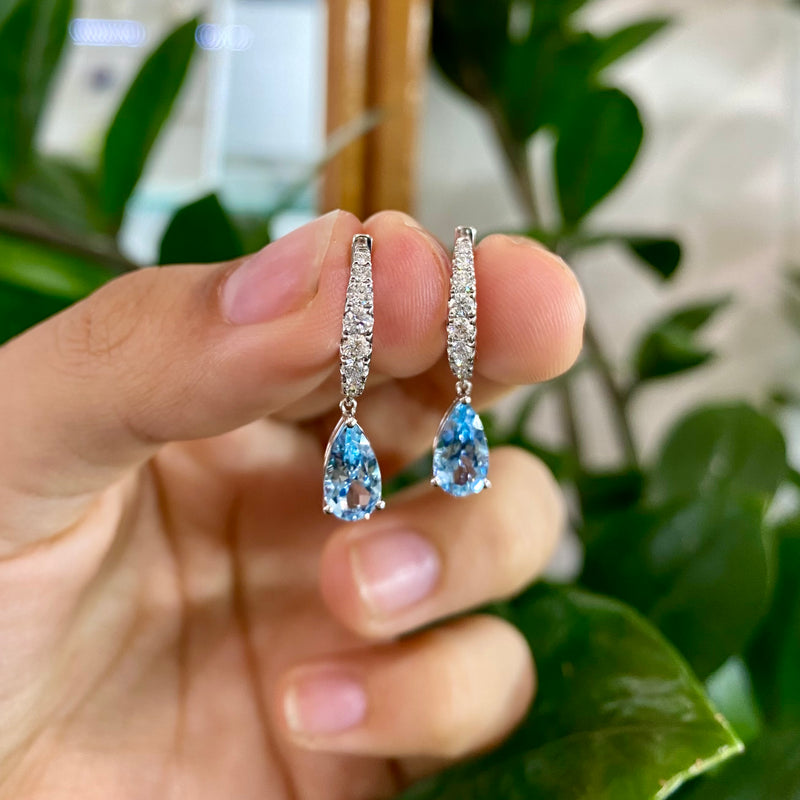 Aquamarine and Diamond Huggies Drop Earrings in Platinum