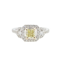 Yellow and White Diamonds Fancy Halo Trilogy Engagement Ring in 18K White Gold