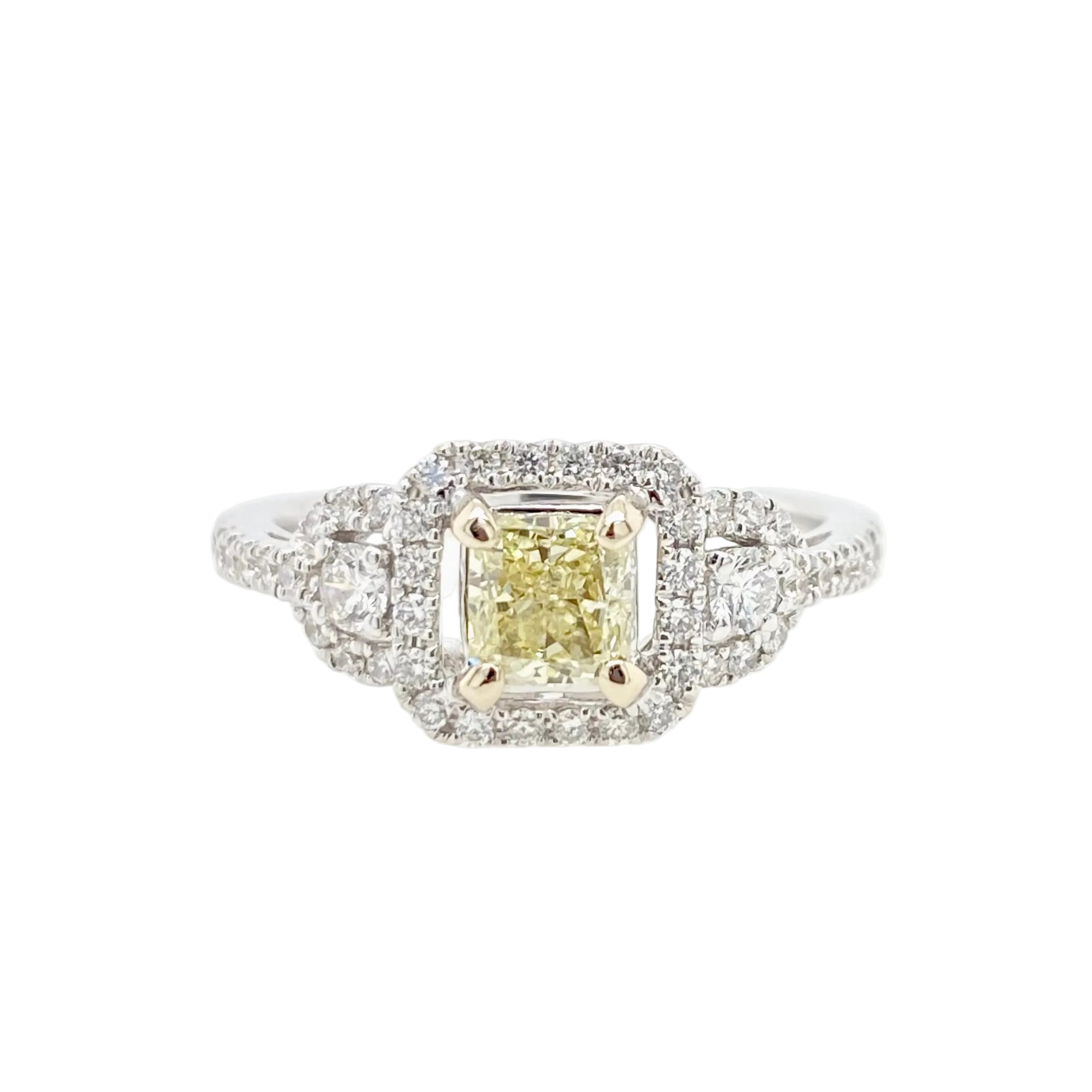 Yellow and White Diamonds Fancy Halo Trilogy Engagement Ring in 18K White Gold