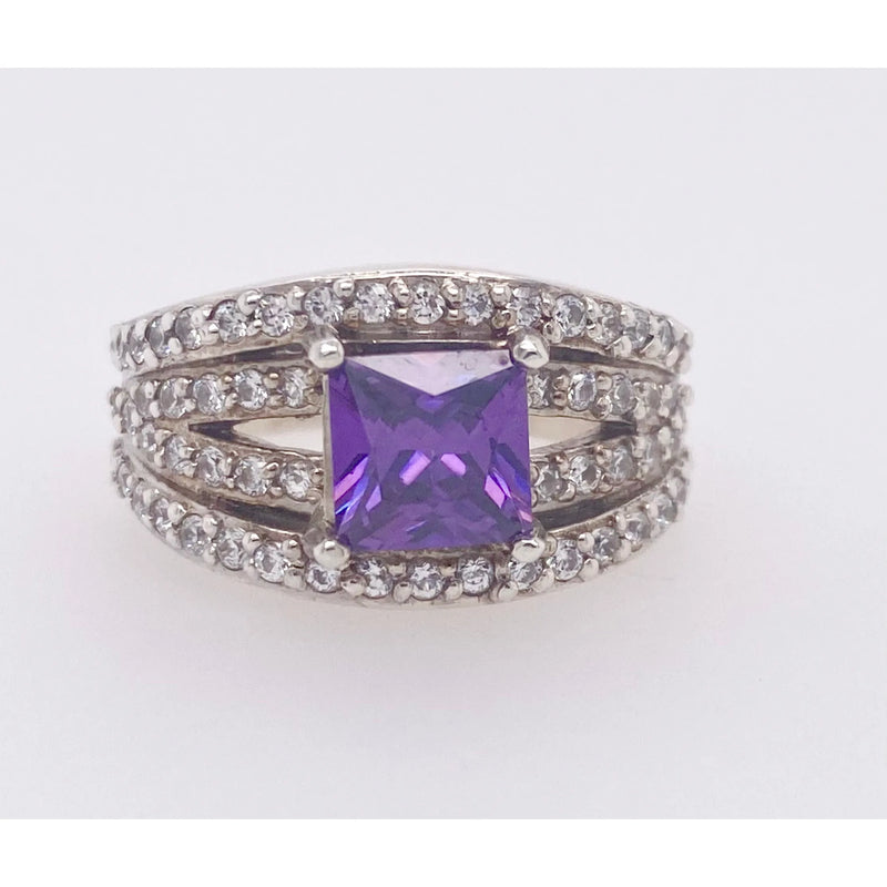 Amethyst And Cubic Stone Silver Ring
