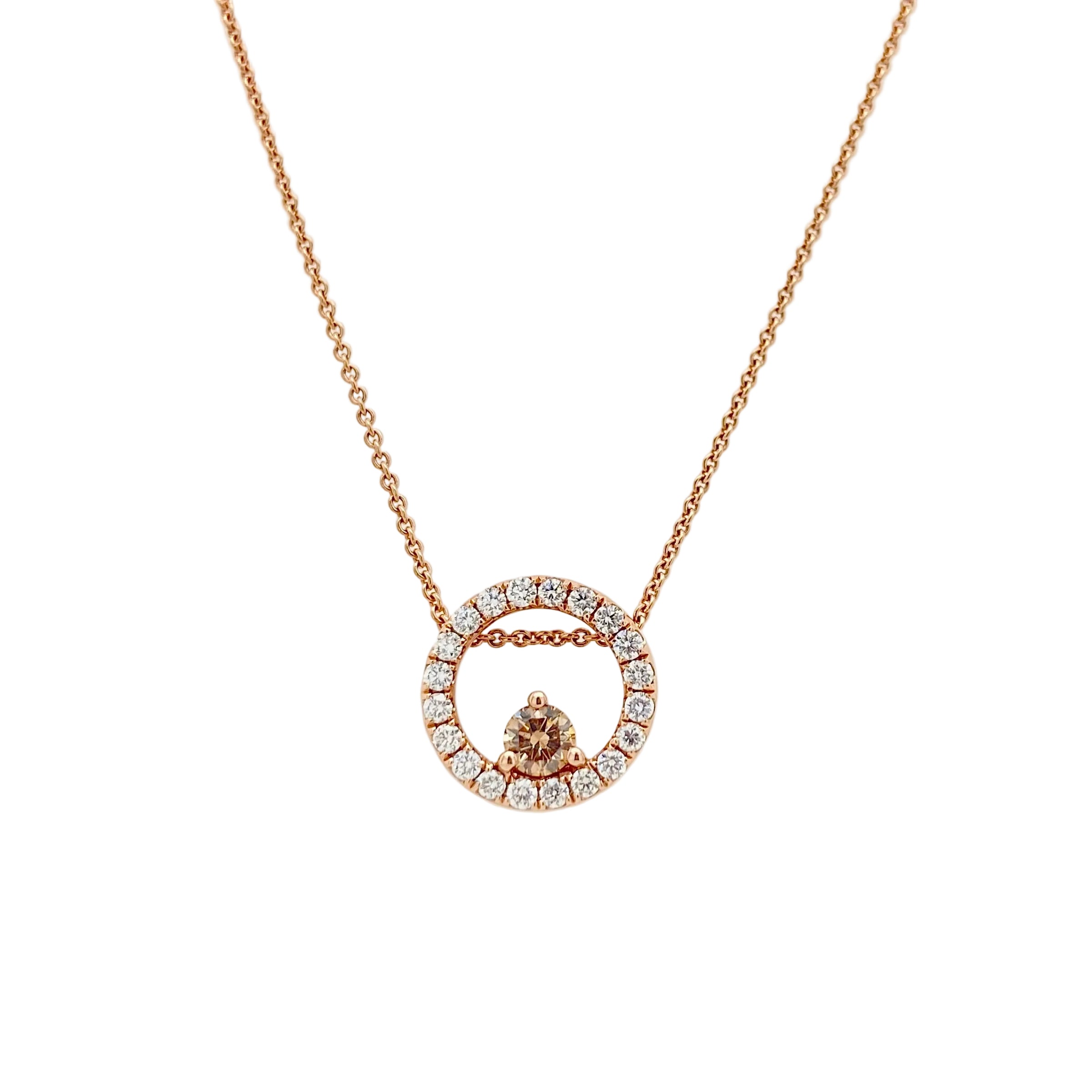 Chocolate Diamond and White Diamonds Single Halo Slider Necklace in 9K Rose Gold